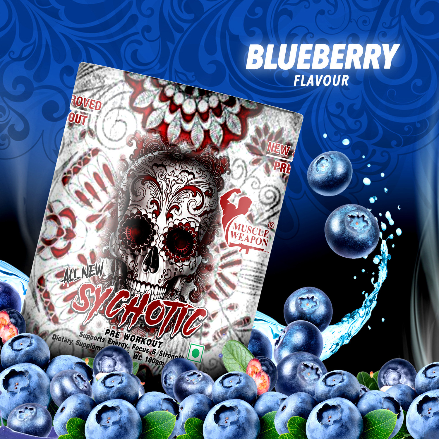 Image of Muscle Weapon Sychotic Preworkout 30 servings| Energy | Focus | Pump Pre Workout (180 g, Blueberry)
