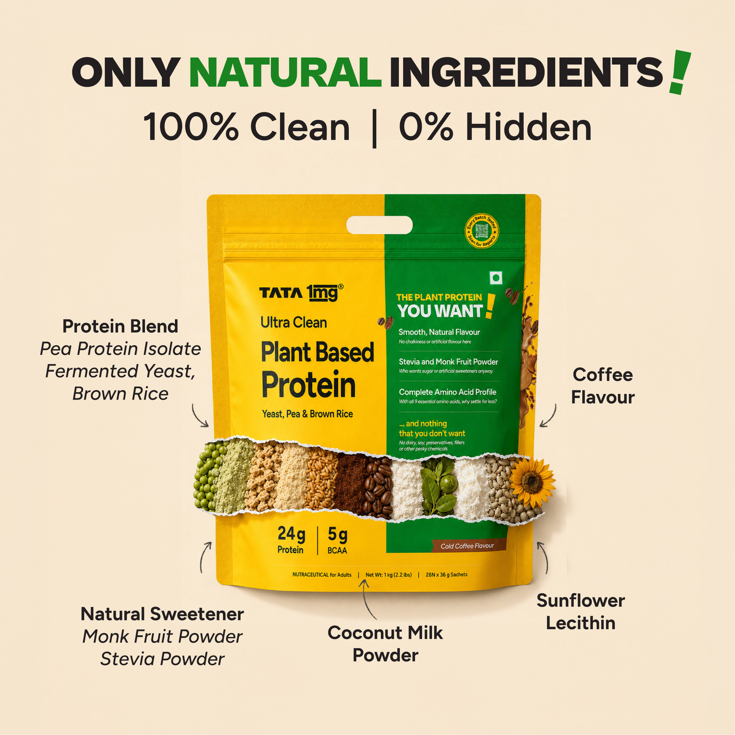 Image of TATA 1mg Ultra Clean Protein Powder - 24g Smooth & Creamy Vegan Protein- 28 sachets Plant-Based Protein (1 kg, Coffee)