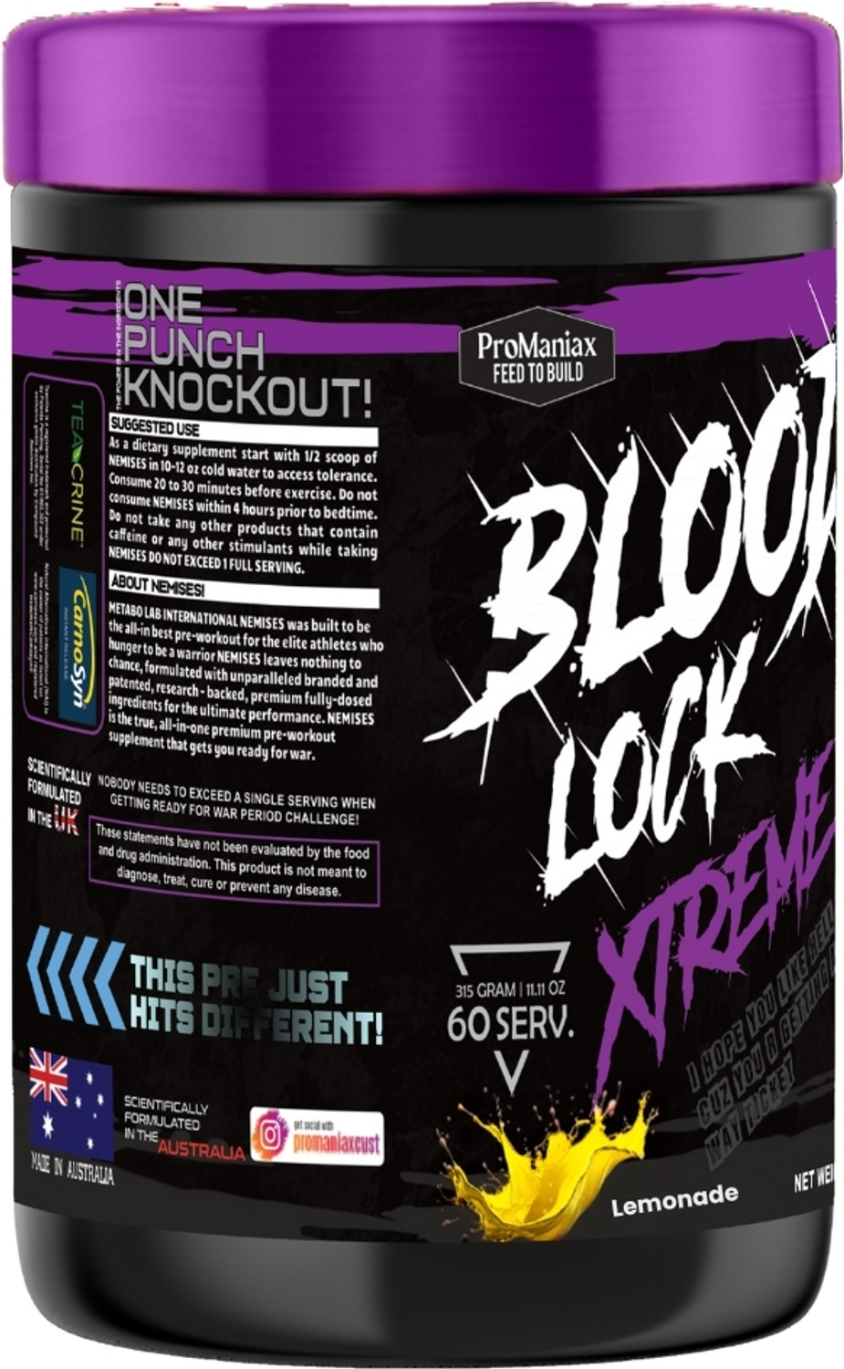 Image of Promaniax Blood Lock Xtreme | Elite | Boosts Energy, Strength & Performance | 60 Servings Pre Workout (390 g, Lemonade)