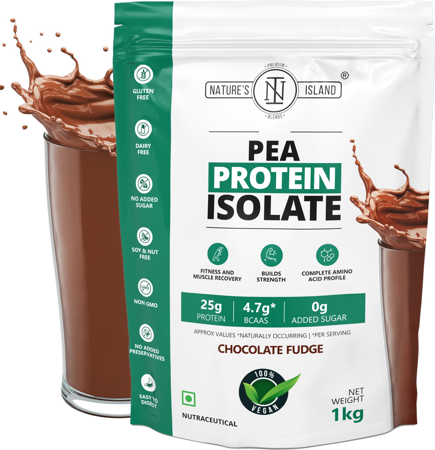 Image of Nature's island Plant Protein - Pea Protein Isolate 1 KG (25 G Protein,4.7 G BCAAs, 0G Sugar) Plant-Based Protein (1 kg, Chocolate Fudge)
