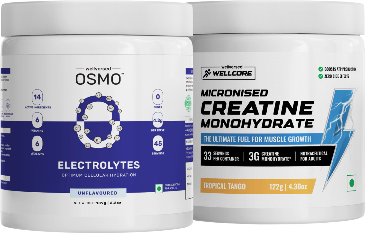 Wellcore Performance Combo Pack | OSMO Electrolytes + Creatine (189 g, 122 g, Unflavoured, Tropical Tango) - Image 1
