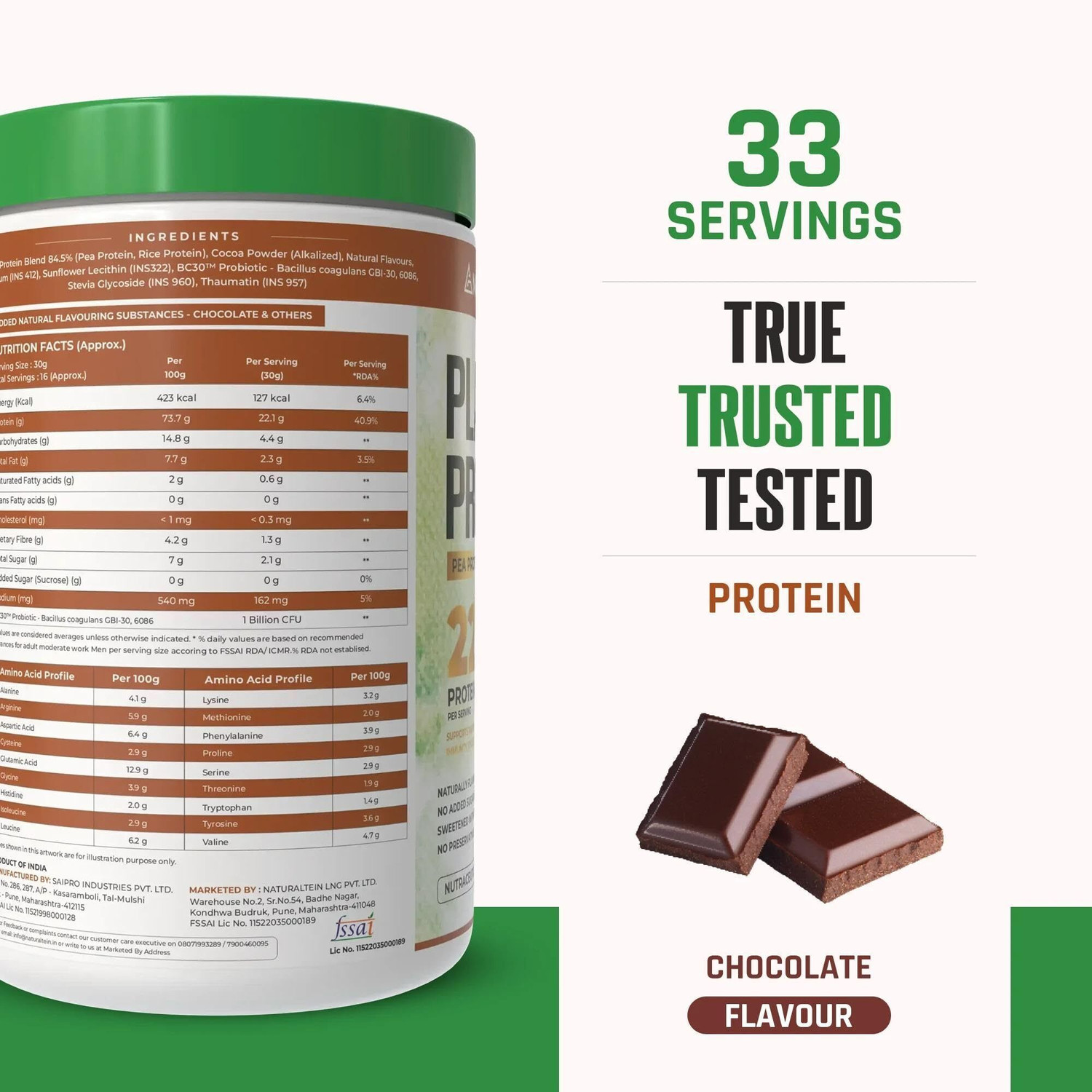 Image of NATURALTEIN Plant Protein - 22g Protein with BC30 Probiotic, No Sugar Plant-Based Protein (1 kg, Chocolate)
