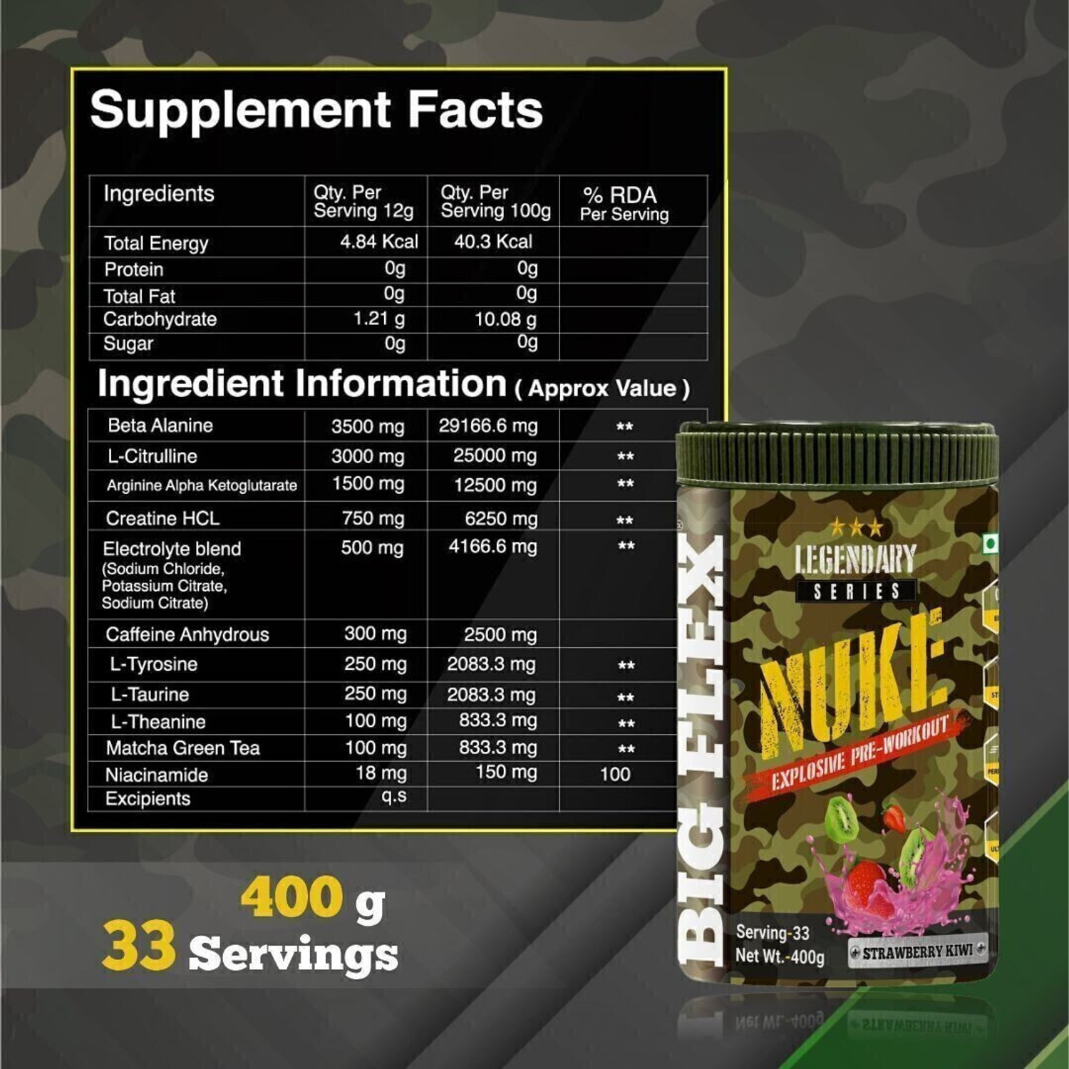 Image of Bigflex Nuke Pre-Workout Supplement Creatine (400 g, Strawberry Kiwi)