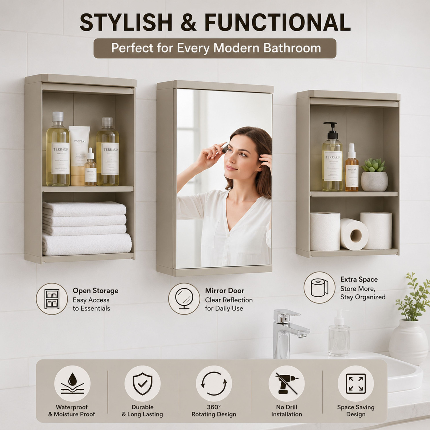 Image of KALIORA Square Bathroom Cabinet with Mirror - 360 Rotating | Wall Mounted Storage | Plastic Wall Shelf (Number of Shelves - 3, White)