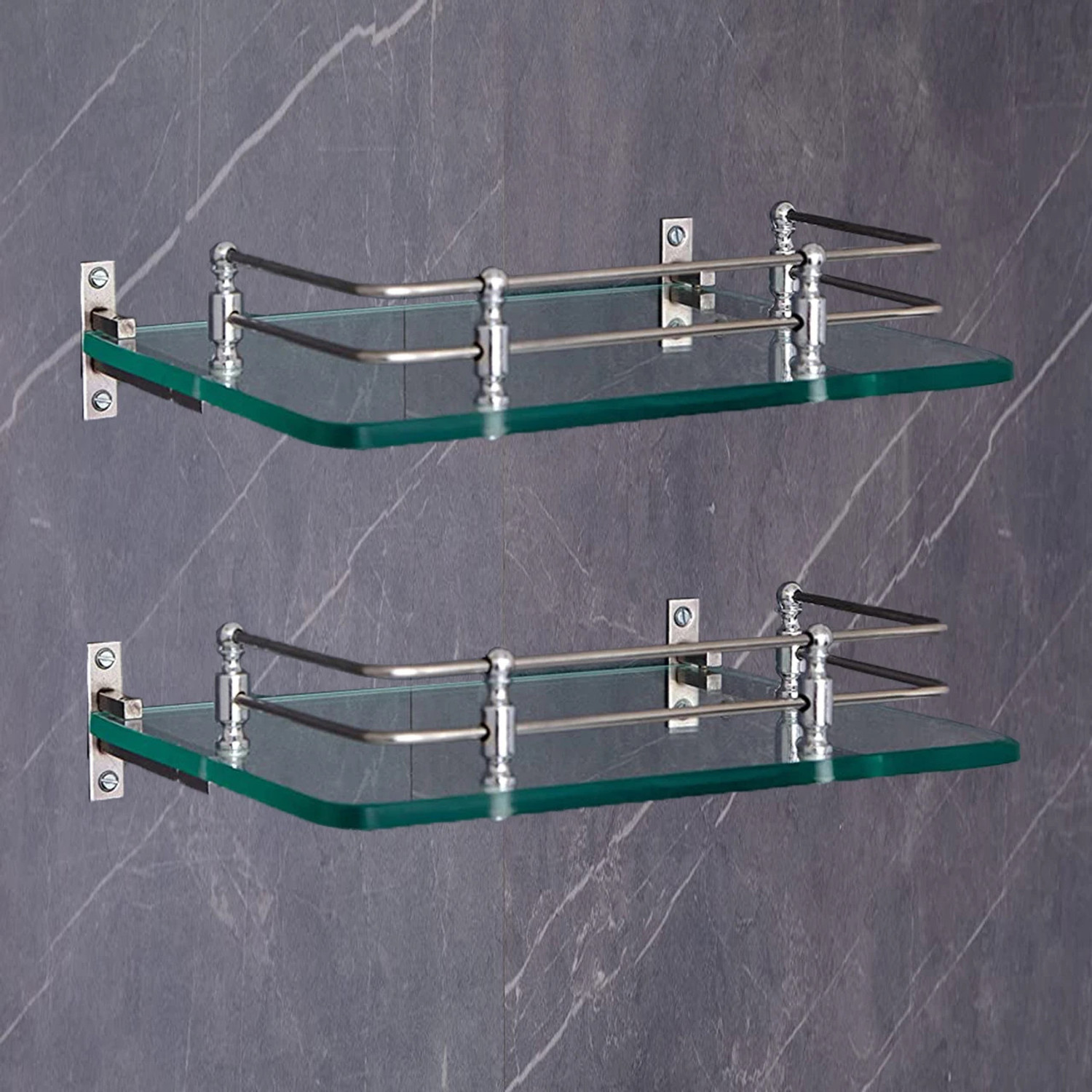 Image of Sparkraze Set of 3 Heavy Sumo Brackets Clear 18 inch Plain Glossy Look Glass Shelf Glass, Stainless Steel, Polypropylene Wall Shelf (Number of Shelves - 3, Clear)