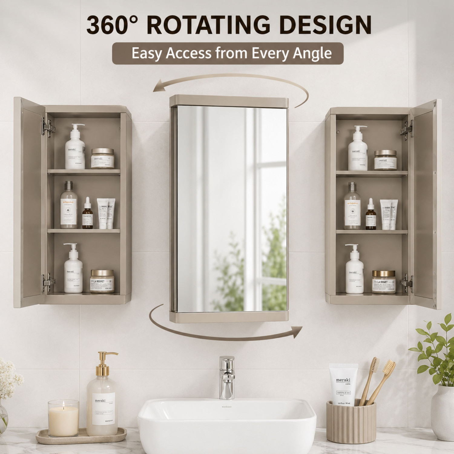 Image of Stovara Square Bathroom Cabinet with Mirror & 360 Rotating Wall Mounted Storage Plastic Wall Shelf (Number of Shelves - 3, Beige)