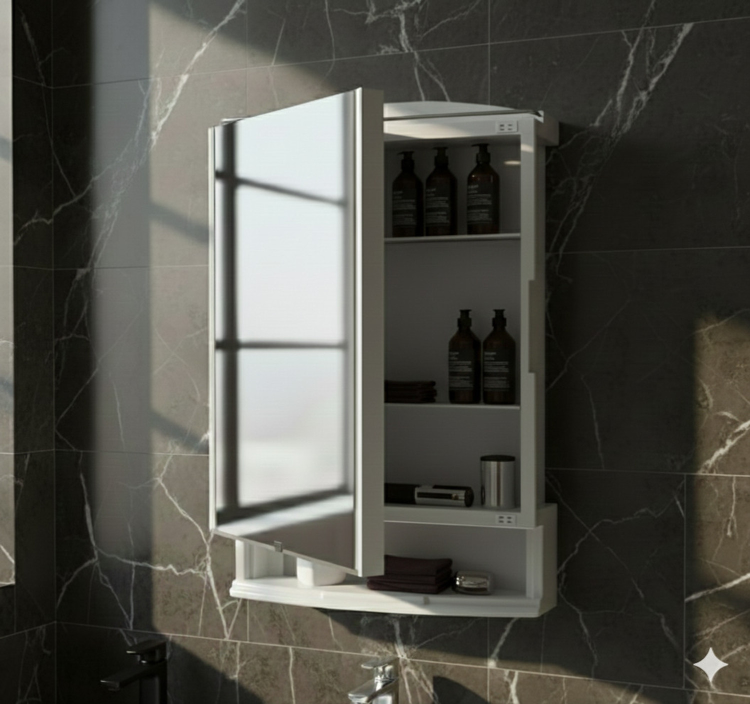 Image of Stovara Square Bathroom Cabinet with Mirror & 360 Rotating Wall Mounted Storage Plastic Wall Shelf (Number of Shelves - 3, Beige)