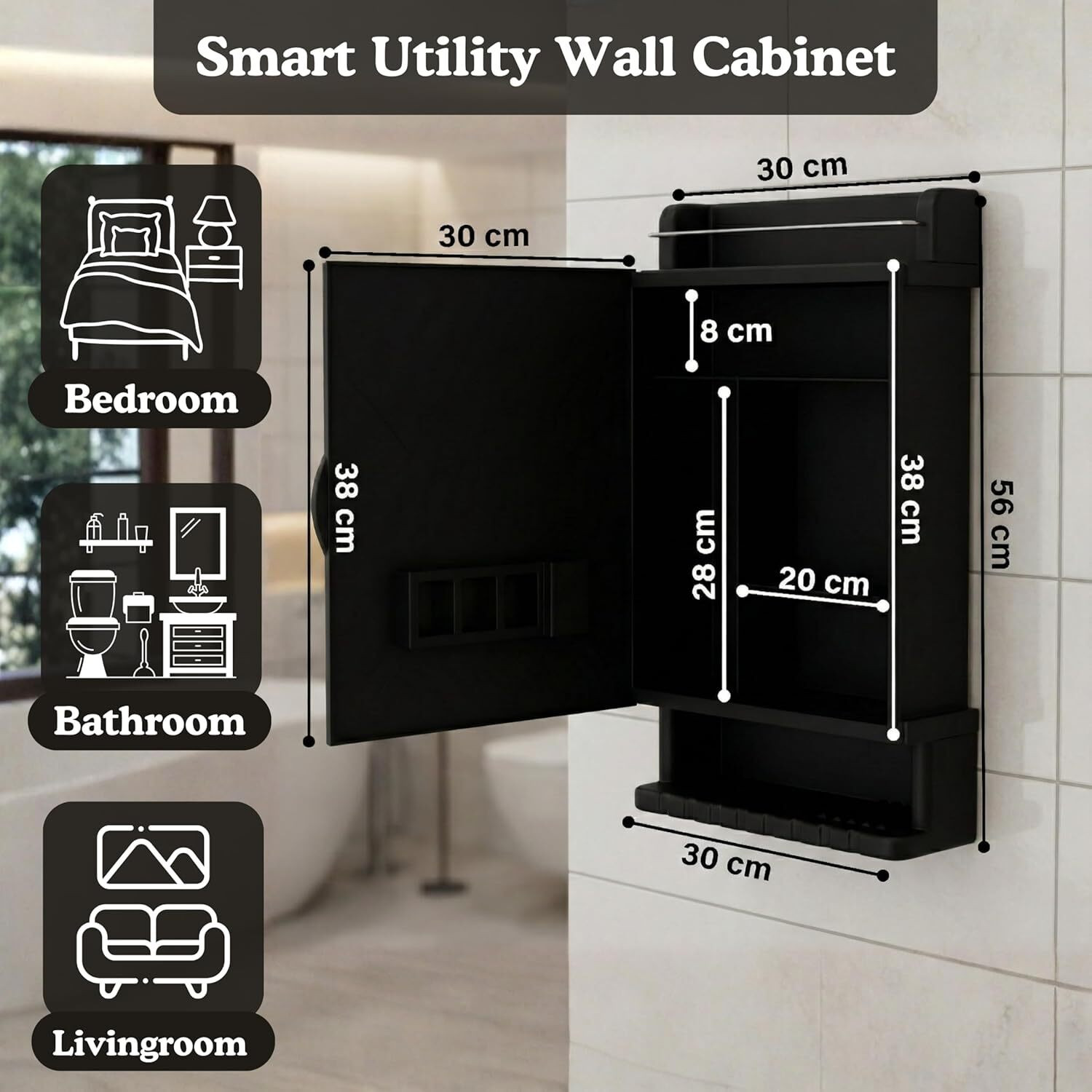 Image of Bhakti Bathroom Organiser with Mirror Cabinet - Black | Acrylic Unbreakable Stainless Steel Wall Shelf (Number of Shelves - 4, Black)