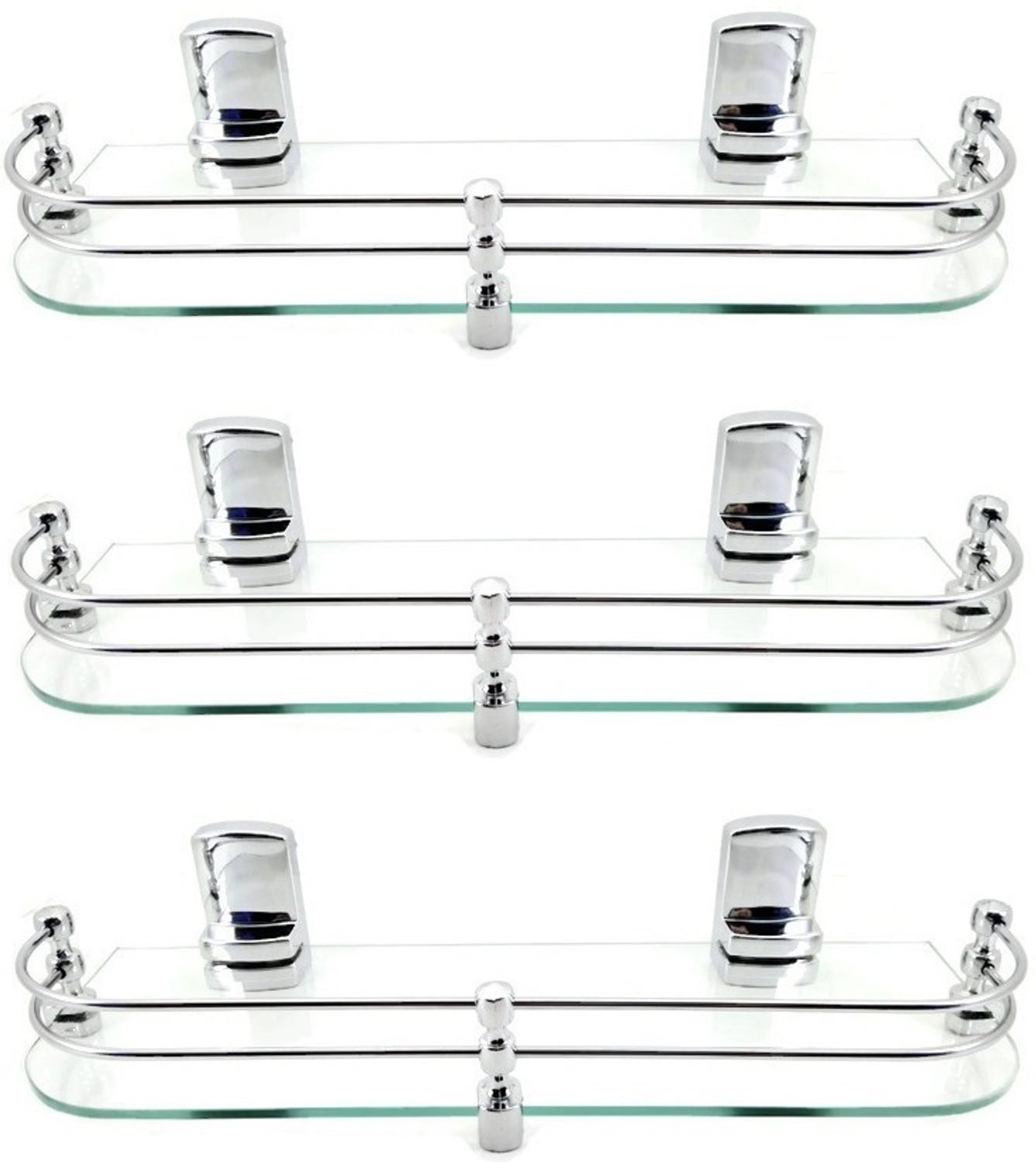 Image of Sparkraze Set of 3 Heavy Sumo Brackets Clear 18 inch Plain Glossy Look Glass Shelf Glass, Stainless Steel, Polypropylene Wall Shelf (Number of Shelves - 3, Clear)