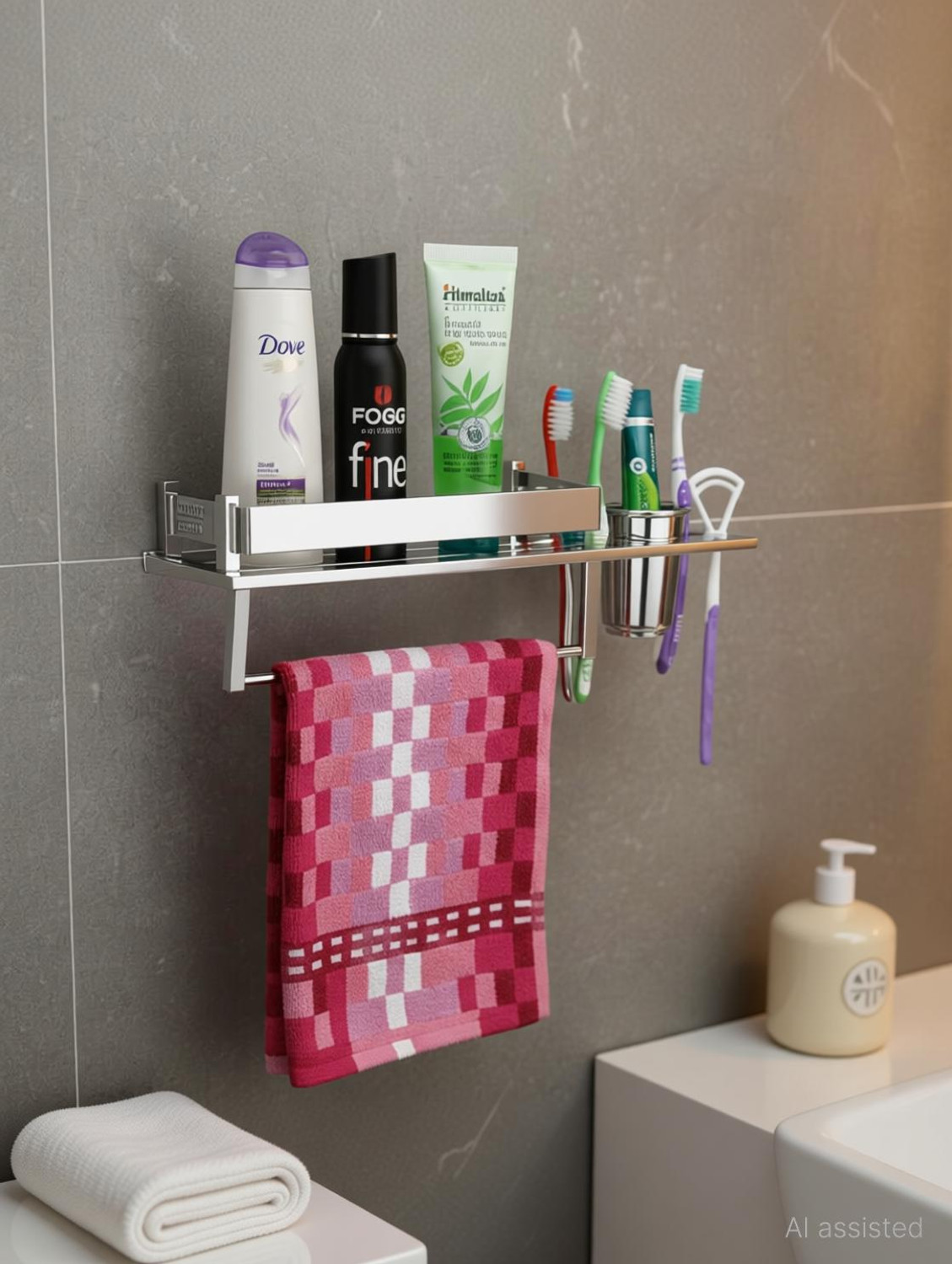 Image of Smartslide 3 in 1 Multipurpose Bathroom Shelf /Towel Bar /Towel Hanger /Tumbler Holder Iron Wall Shelf (Number of Shelves - 1, Brown)