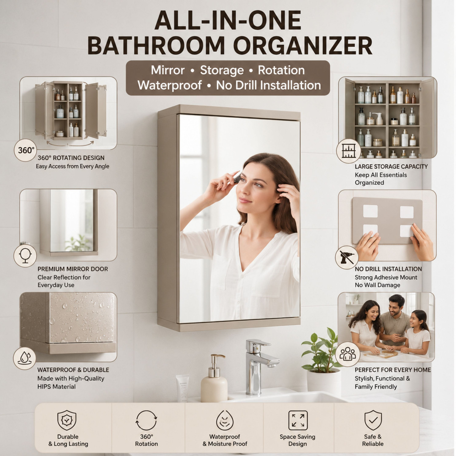 Image of Stovara Square Bathroom Cabinet with Mirror & 360 Rotating Wall Mounted Storage Plastic Wall Shelf (Number of Shelves - 3, Beige)