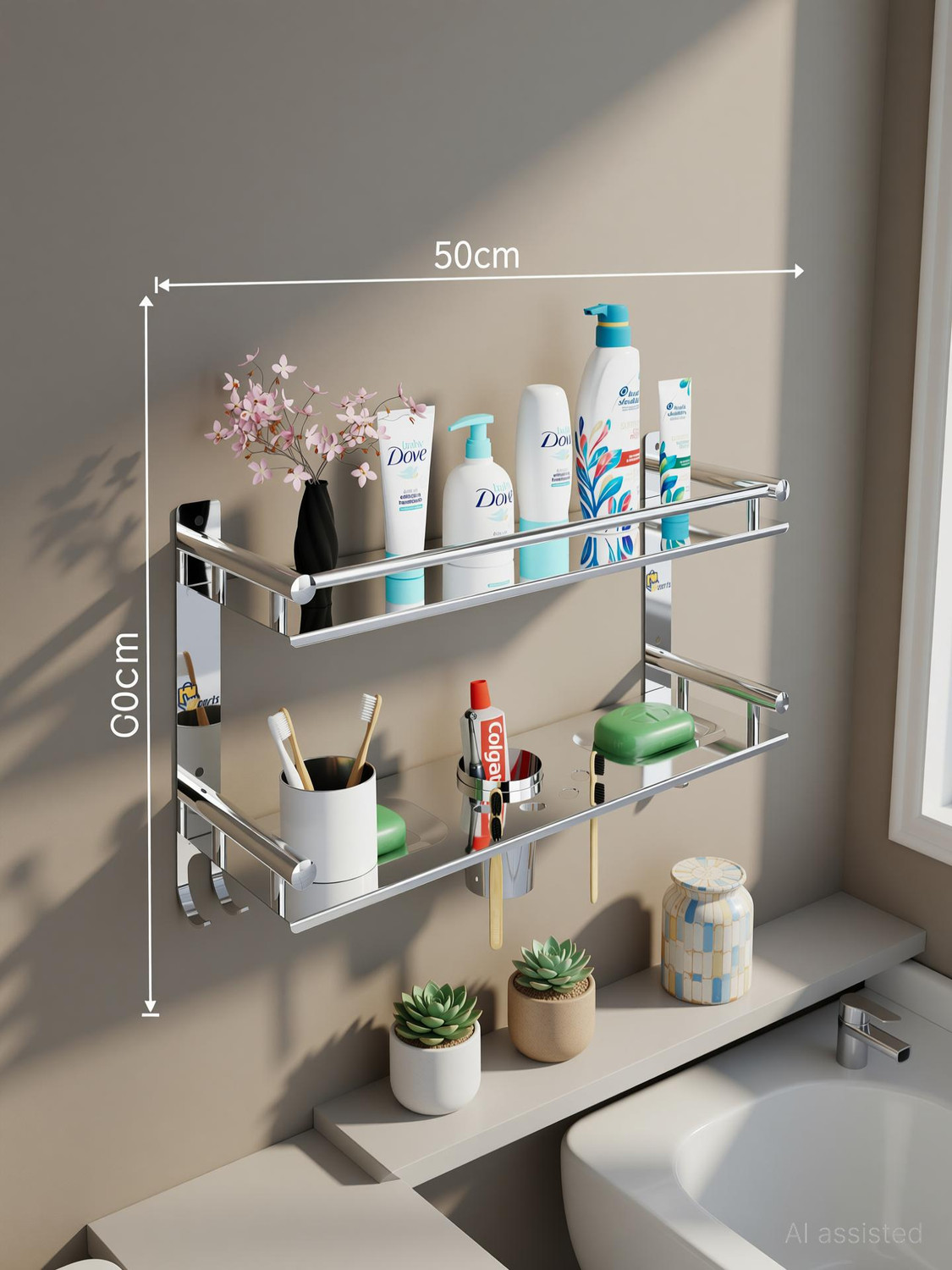 Image of Smartslide 3 in 1 Multipurpose Bathroom Shelf /Towel Bar /Towel Hanger /Tumbler Holder Iron Wall Shelf (Number of Shelves - 1, Brown)