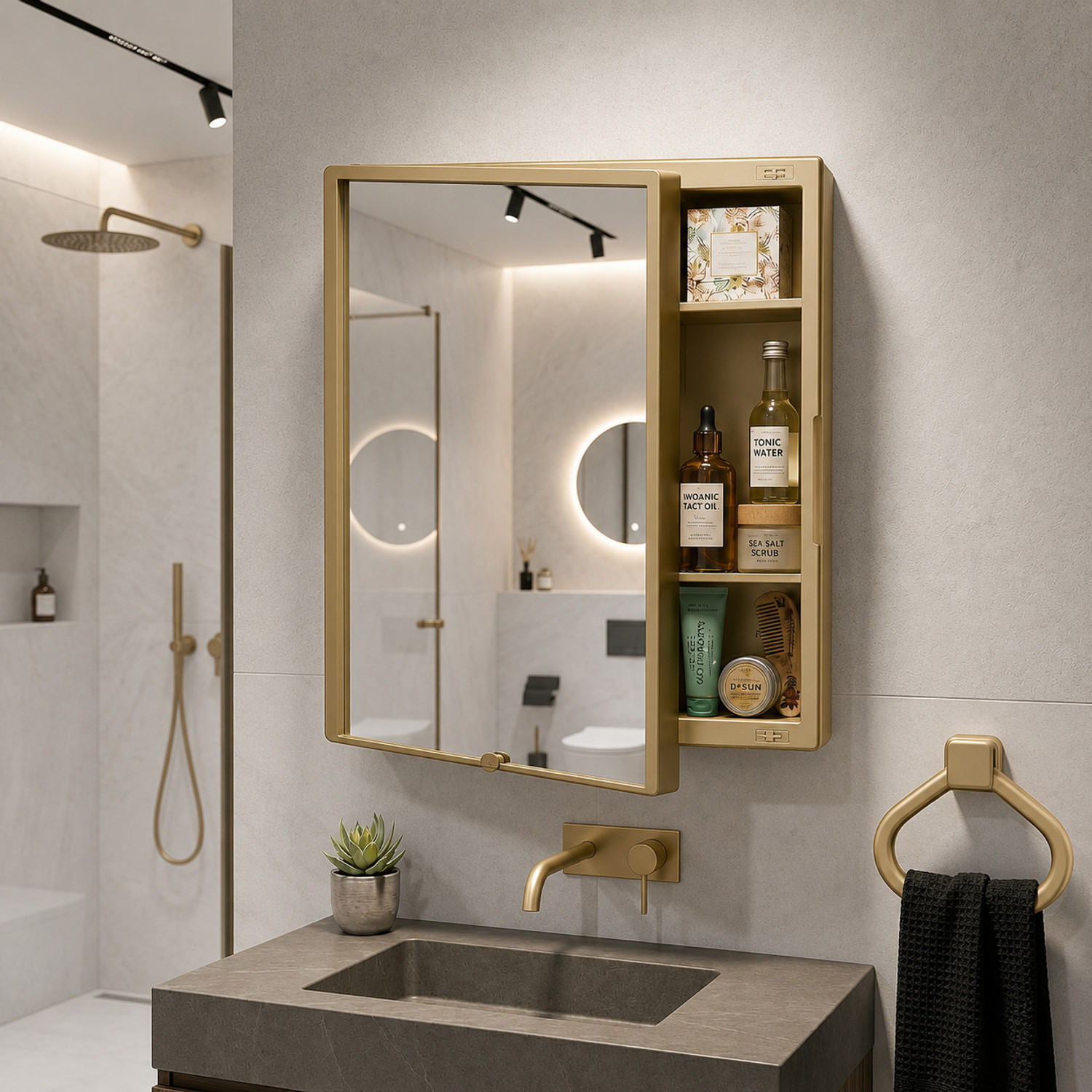 Image of Stovara Square Bathroom Cabinet with Mirror & 360 Rotating Wall Mounted Storage Plastic Wall Shelf (Number of Shelves - 3, Beige)
