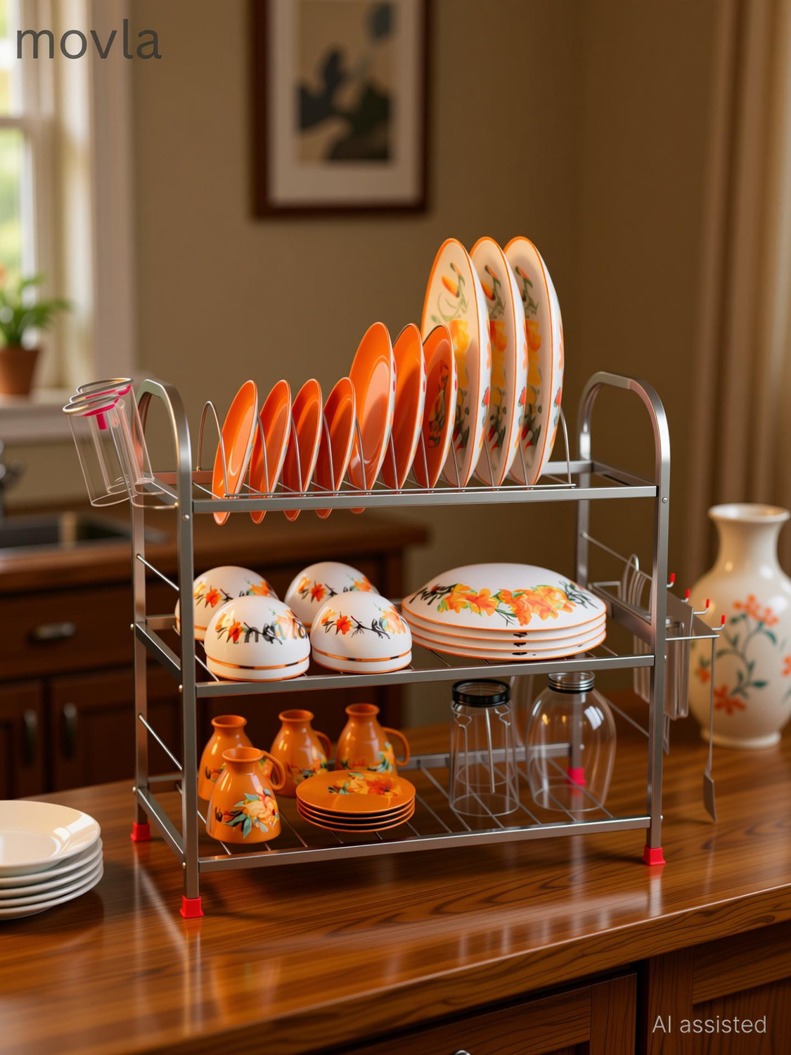 Image of iBELL Dish Drainer Kitchen Rack DR8039H Dish Drying Rack with Cover, 2-Tier Bartan Stand / Drainer Shelf Plastic