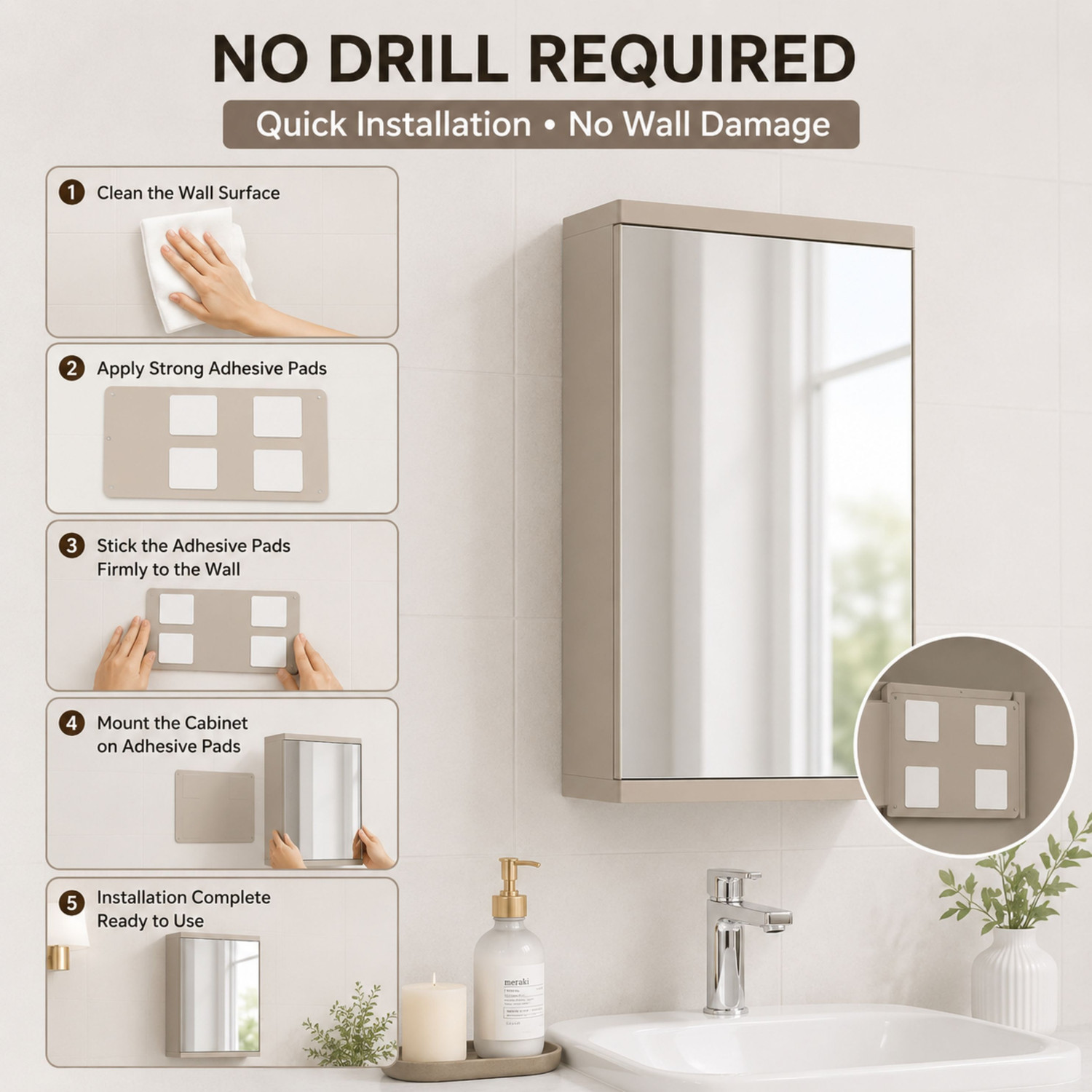 Image of Stovara Square Bathroom Cabinet with Mirror & 360 Rotating Wall Mounted Storage Plastic Wall Shelf (Number of Shelves - 3, Beige)