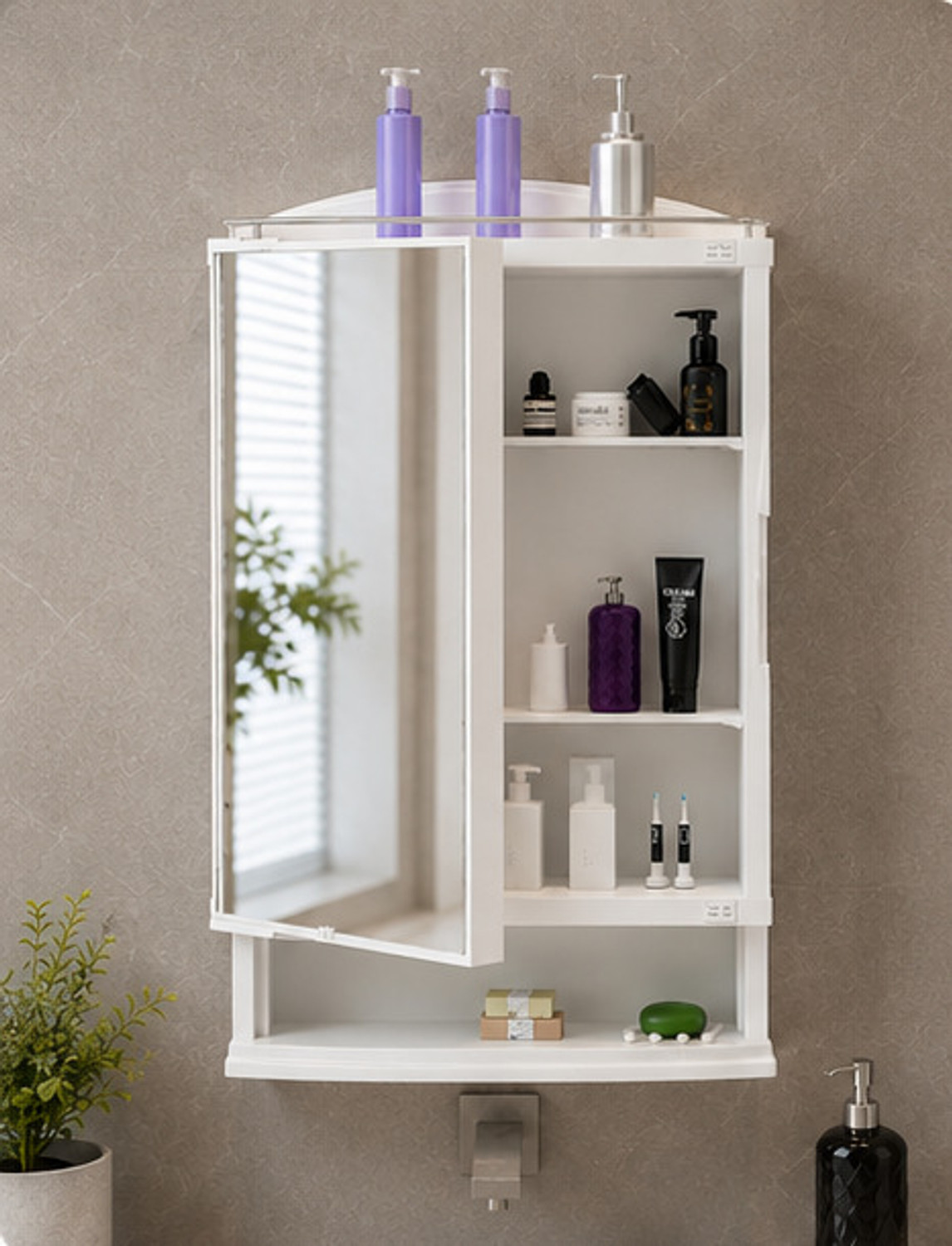 Image of KALIORA Square Bathroom Cabinet with Mirror - 360 Rotating | Wall Mounted Storage | Plastic Wall Shelf (Number of Shelves - 3, White)
