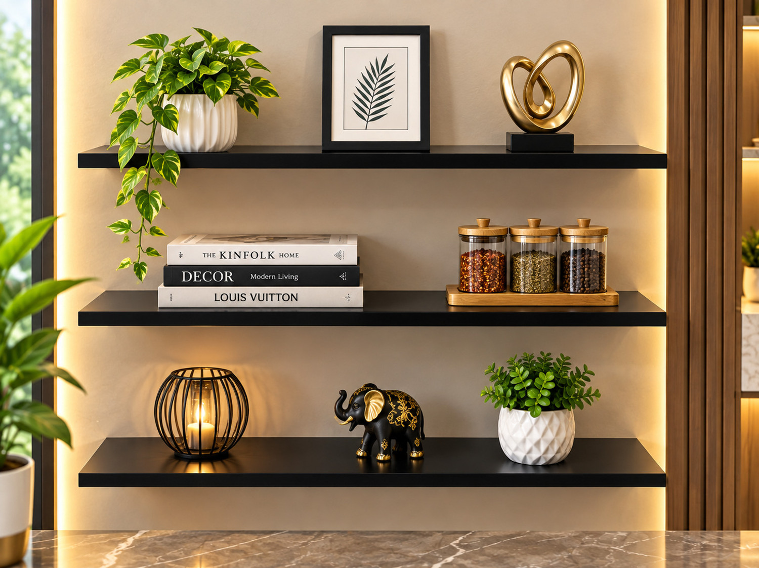 Image of Eco Handicrafts Modern Wall Mounted Floating Shelf for Home Decor | Multipurpose MDF Wooden Wooden Wall Shelf (Number of Shelves - 3, Black)