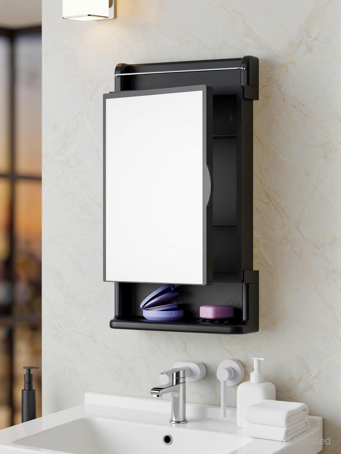 Image of KALIORA Square Bathroom Cabinet with Mirror - 360 Rotating | Wall Mounted Storage | Plastic Wall Shelf (Number of Shelves - 3, White)