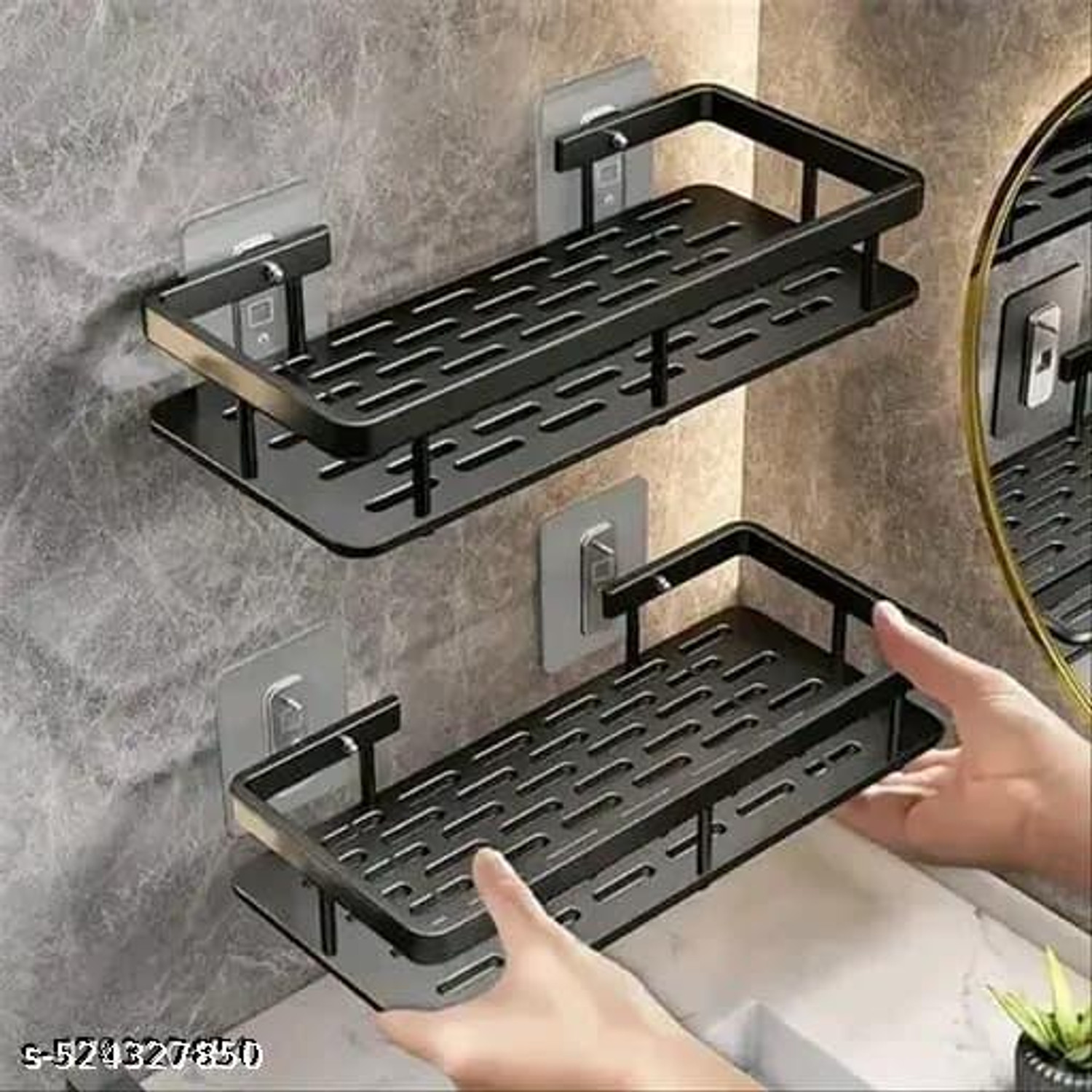 Image of iSTAR Self Adhesive Kitchen and Bathroom Wall Organizer Plastic Wall Shelf Plastic Wall Shelf (Number of Shelves - 2, Black, White)