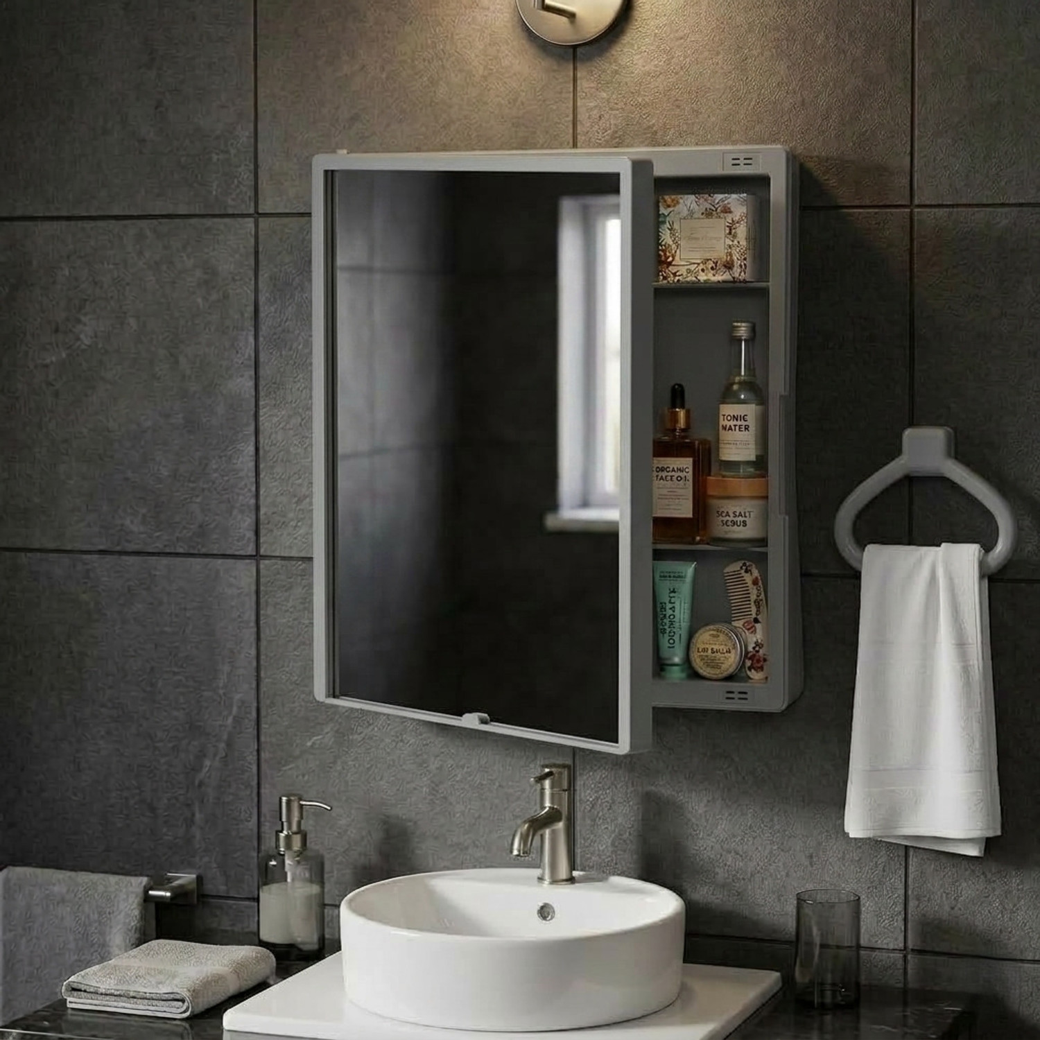 Image of Stovara Square Bathroom Cabinet with Mirror & 360 Rotating Wall Mounted Storage Plastic Wall Shelf (Number of Shelves - 3, Beige)
