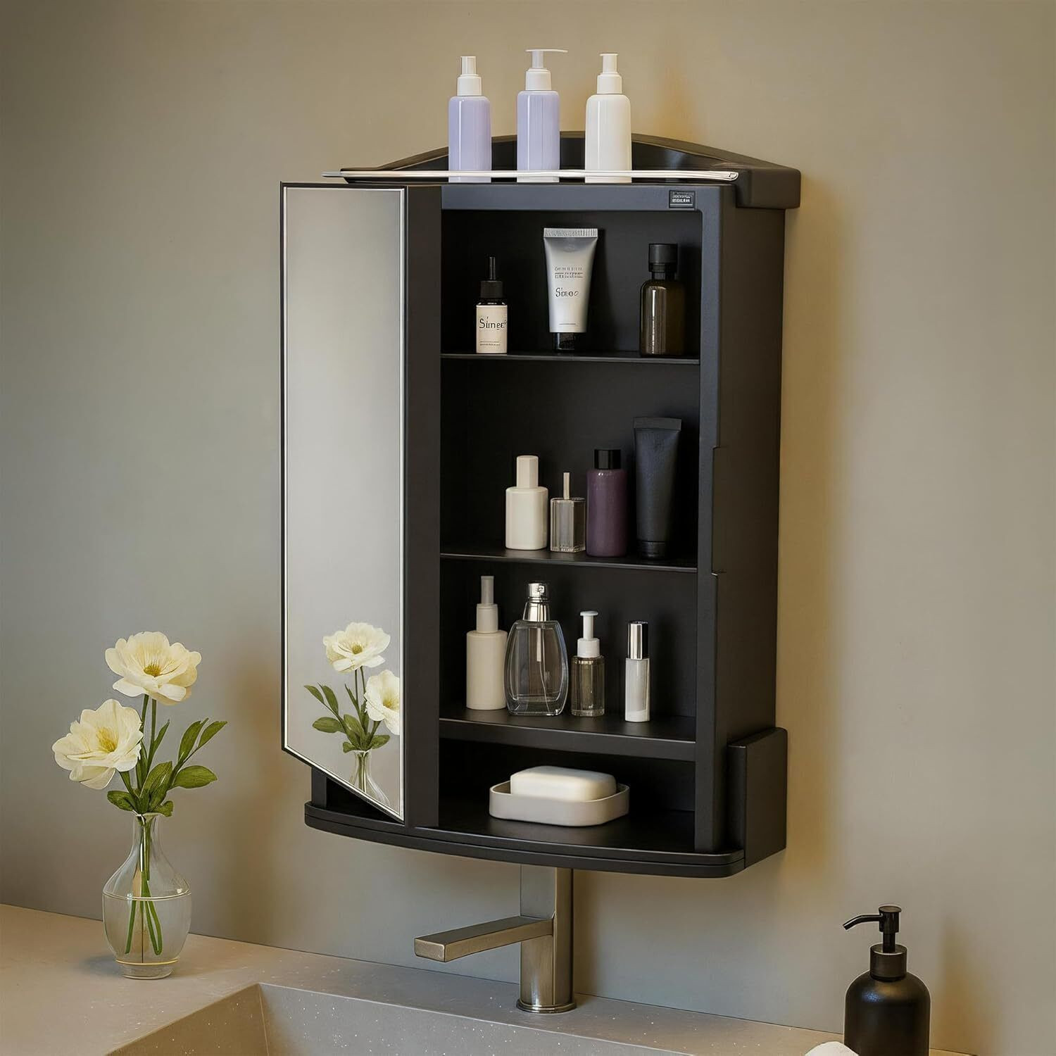 Image of KALIORA Square Bathroom Cabinet with Mirror - 360 Rotating | Wall Mounted Storage | Plastic Wall Shelf (Number of Shelves - 3, White)