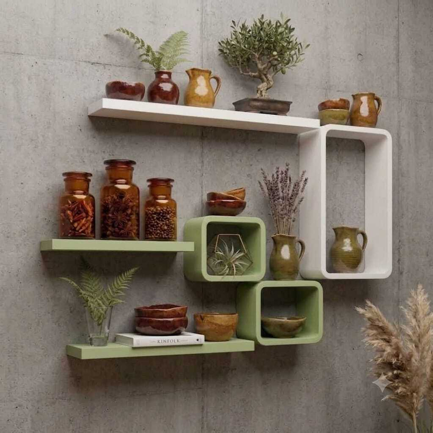 Image of JANAKI SHOP Wooden Wall Shelf (Number of Shelves - 2, Green)