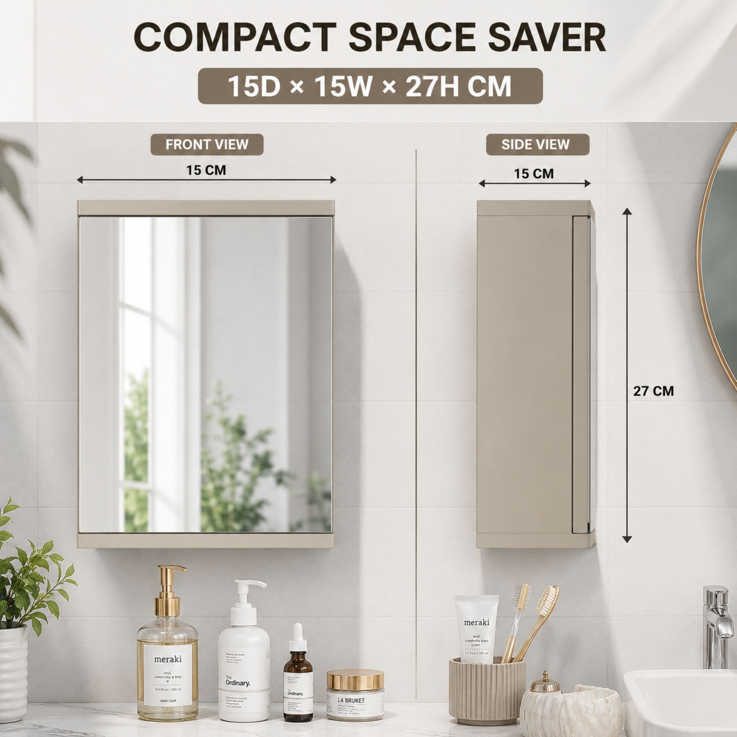 Image of Stovara Square Bathroom Cabinet with Mirror & 360 Rotating Wall Mounted Storage Plastic Wall Shelf (Number of Shelves - 3, Beige)