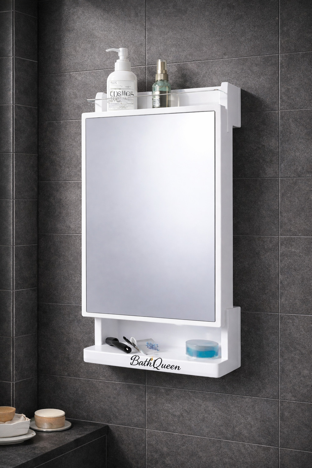 Image of Stovara Square Bathroom Cabinet with Mirror & 360 Rotating Wall Mounted Storage Plastic Wall Shelf (Number of Shelves - 3, Beige)