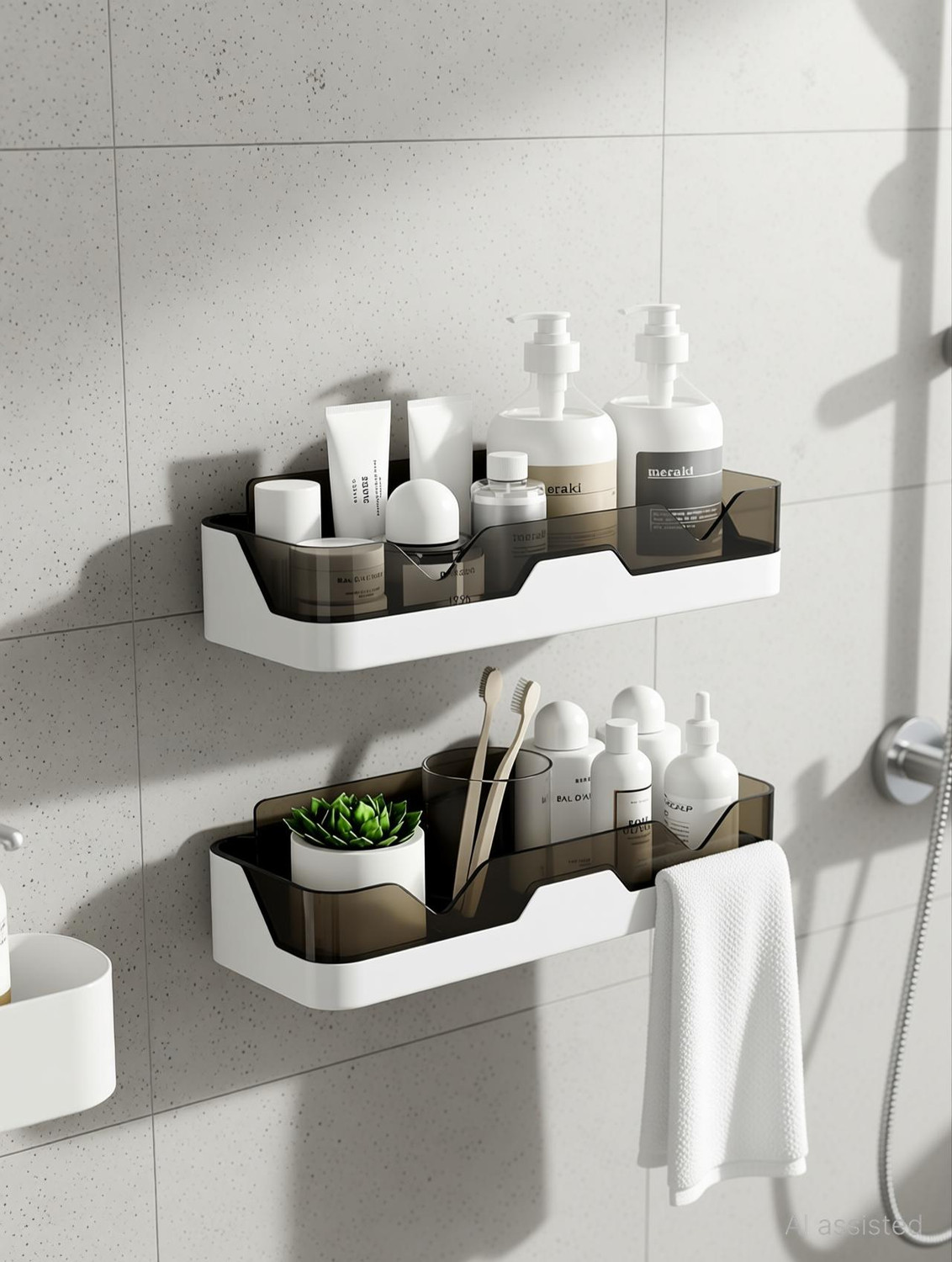 Image of iSTAR Self Adhesive Kitchen and Bathroom Wall Organizer Plastic Wall Shelf Plastic Wall Shelf (Number of Shelves - 2, Black, White)