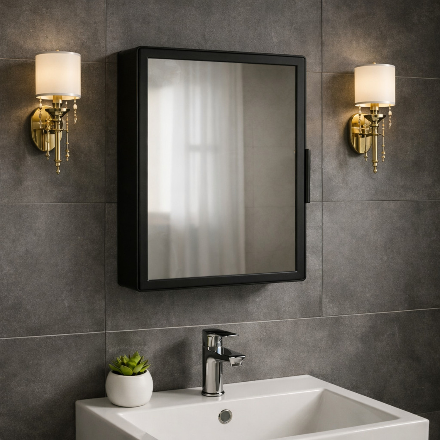 Image of Stovara Square Bathroom Cabinet with Mirror & 360 Rotating Wall Mounted Storage Plastic Wall Shelf (Number of Shelves - 3, Beige)
