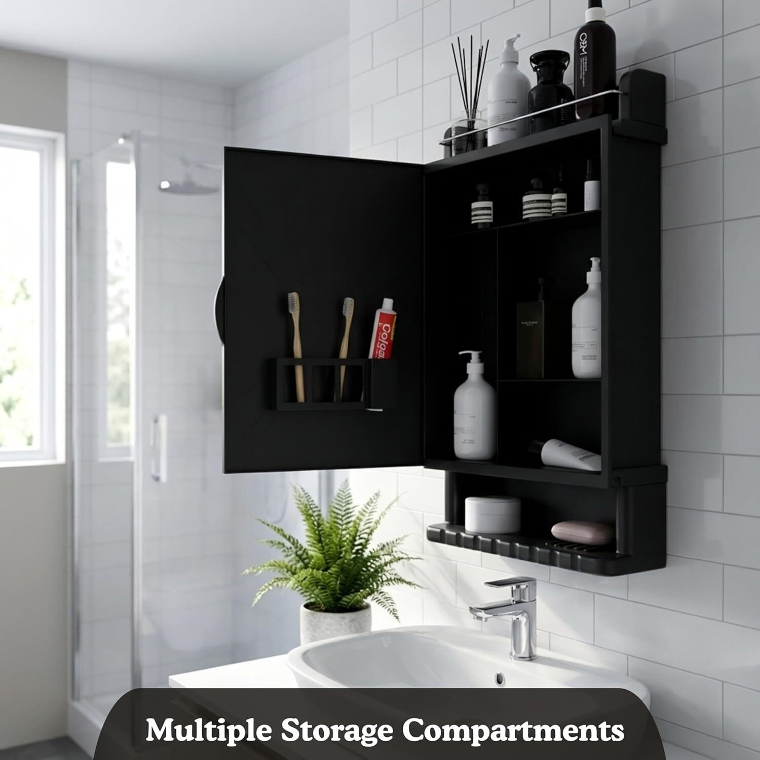 Image of Bhakti Bathroom Organiser with Mirror Cabinet - Black | Acrylic Unbreakable Stainless Steel Wall Shelf (Number of Shelves - 4, Black)