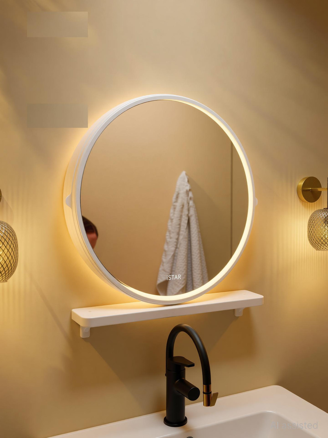 Image of Stovara Square Bathroom Cabinet with Mirror & 360 Rotating Wall Mounted Storage Plastic Wall Shelf (Number of Shelves - 3, Beige)