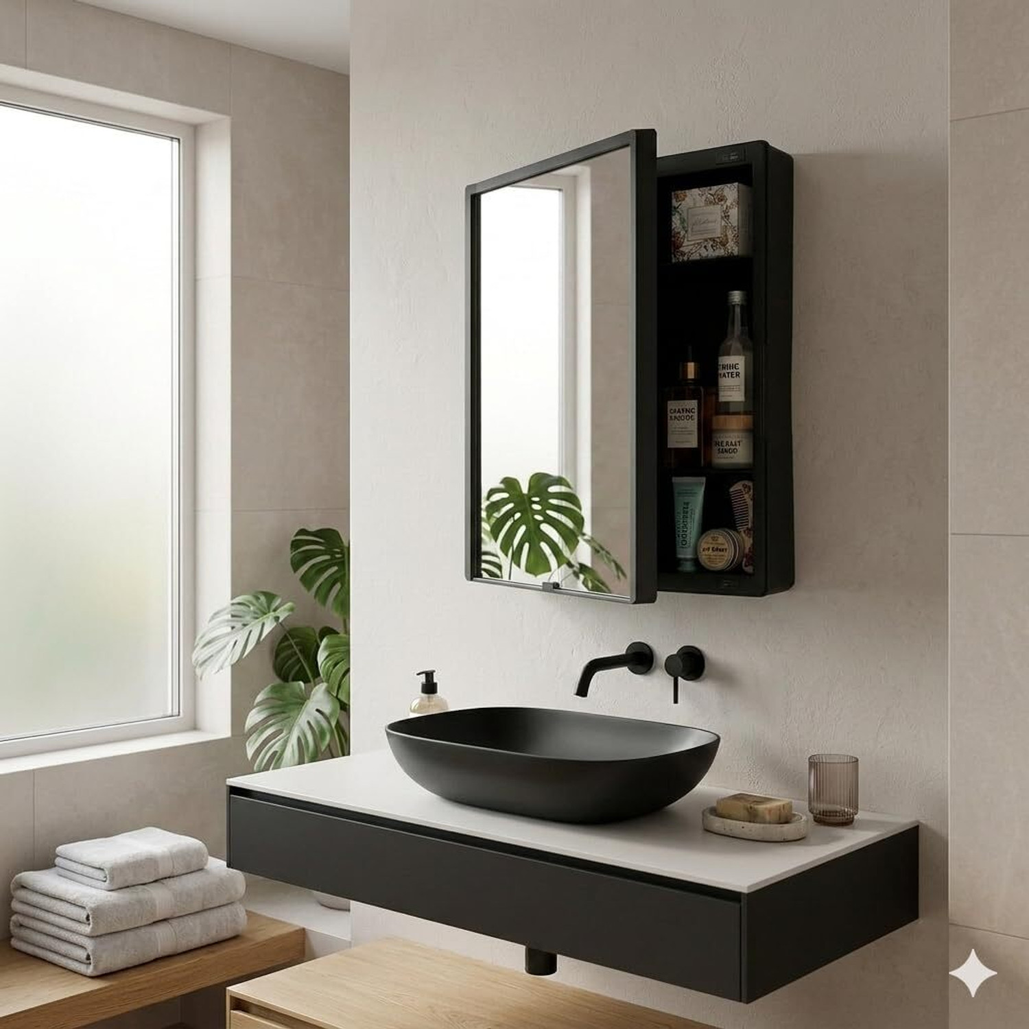 Image of KALIORA Square Bathroom Cabinet with Mirror - 360 Rotating | Wall Mounted Storage | Plastic Wall Shelf (Number of Shelves - 3, White)
