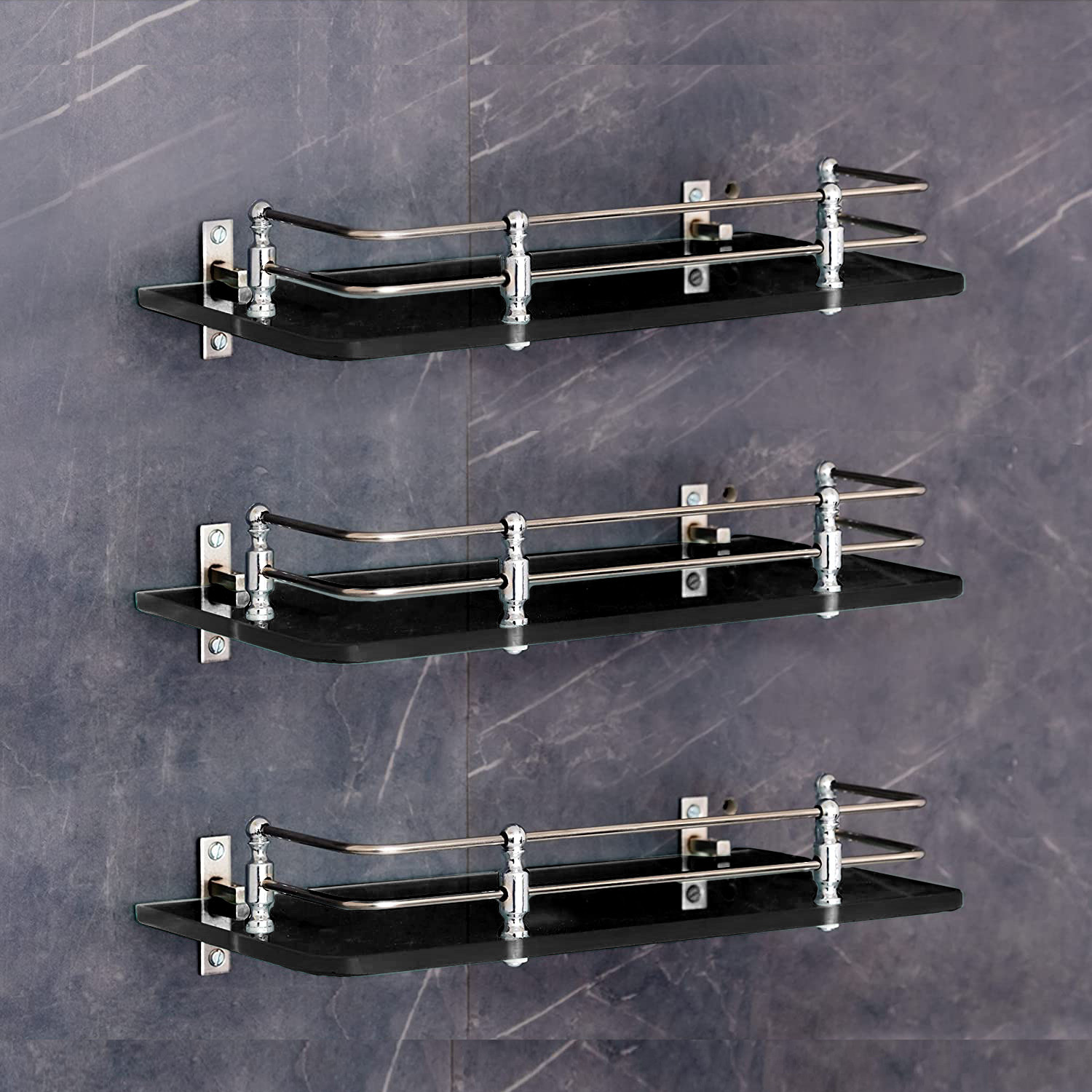 Image of Sparkraze Set of 3 Heavy Sumo Brackets Clear 18 inch Plain Glossy Look Glass Shelf Glass, Stainless Steel, Polypropylene Wall Shelf (Number of Shelves - 3, Clear)