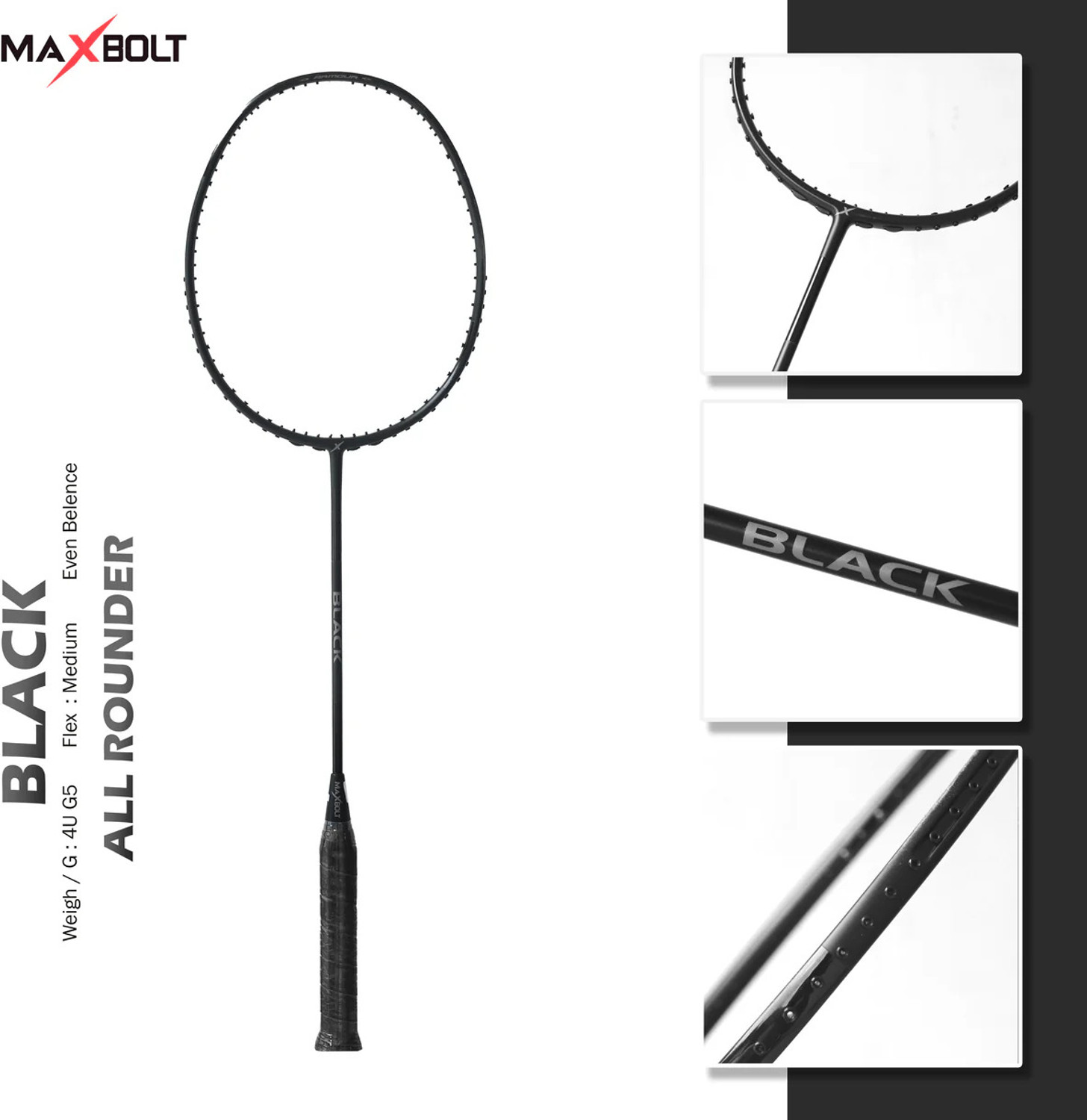 Image of Maxbolt Black Black Unstrung Badminton Racquet (Pack of: 1, 83 g)