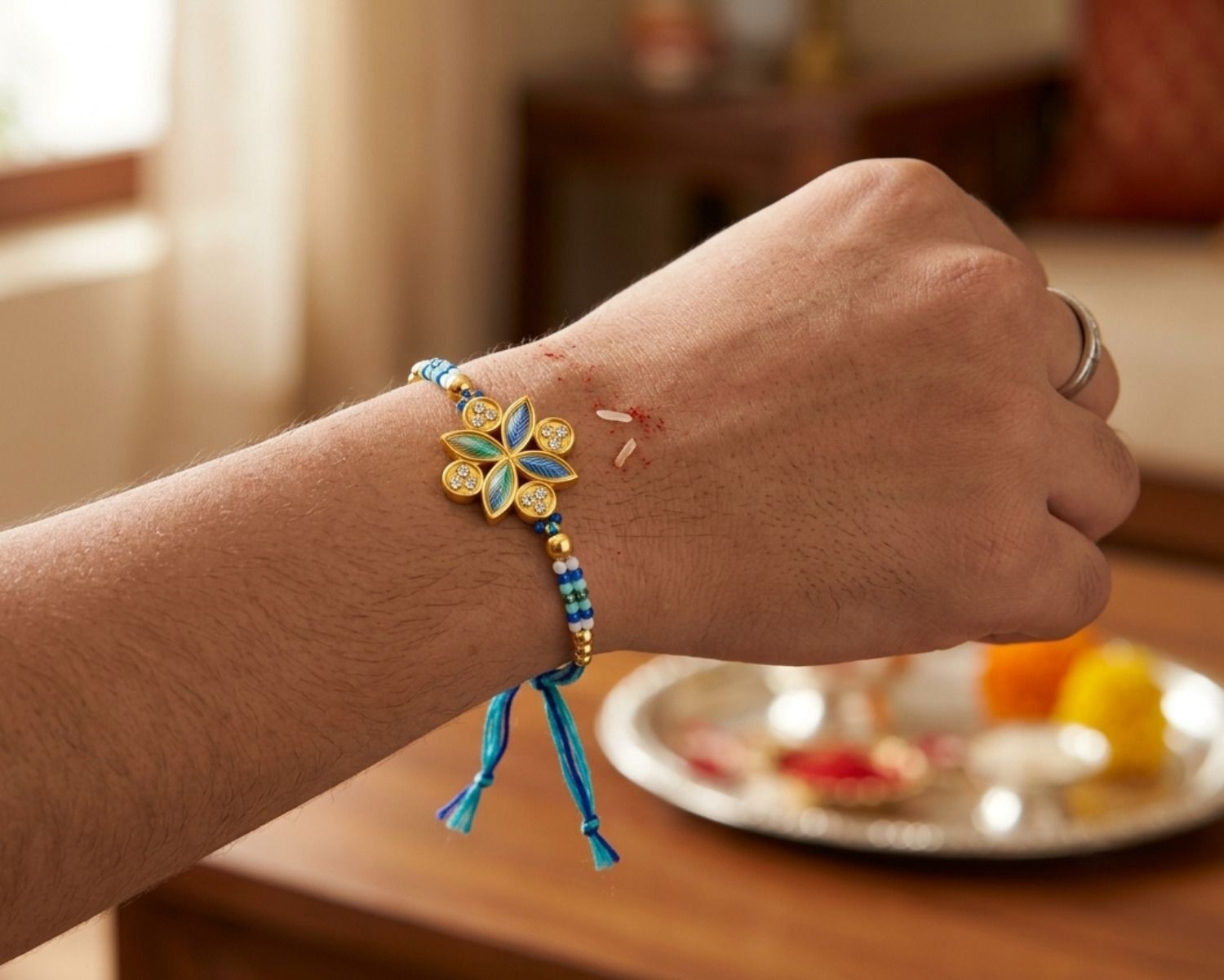 Image of Rhtdm Thread Stylish Flowers Designer Pearl, Silver Rakhi (2 Rakhi)