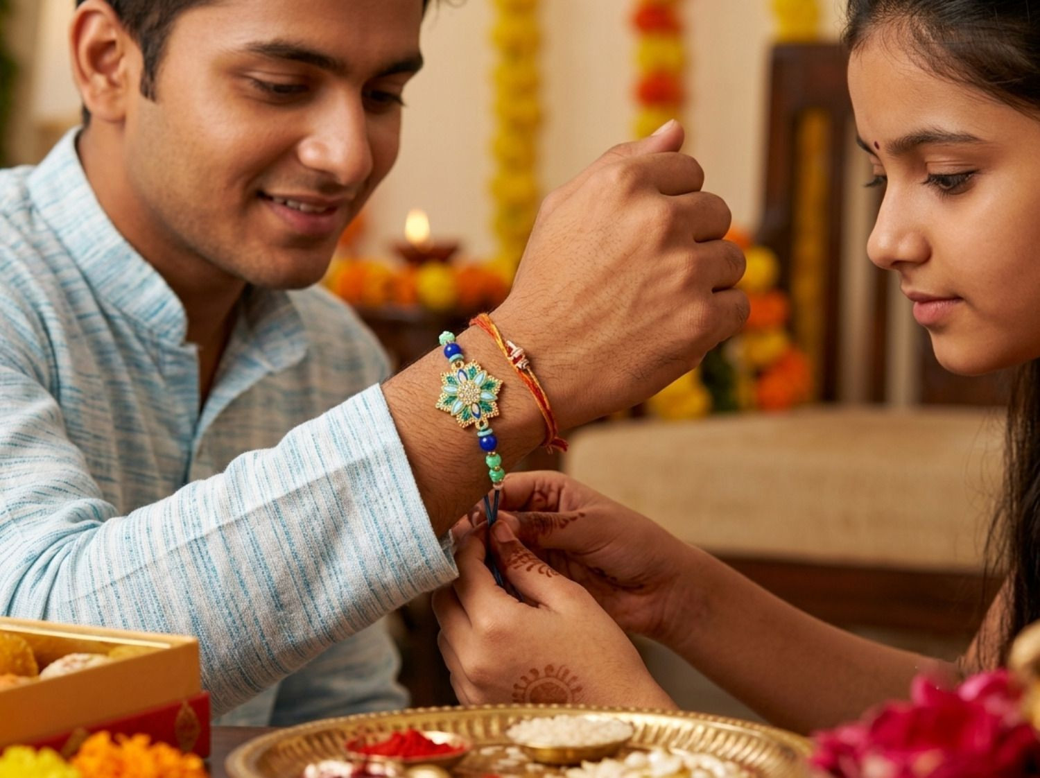 Image of Rhtdm Thread Stylish Flowers Designer Pearl, Silver Rakhi (2 Rakhi)