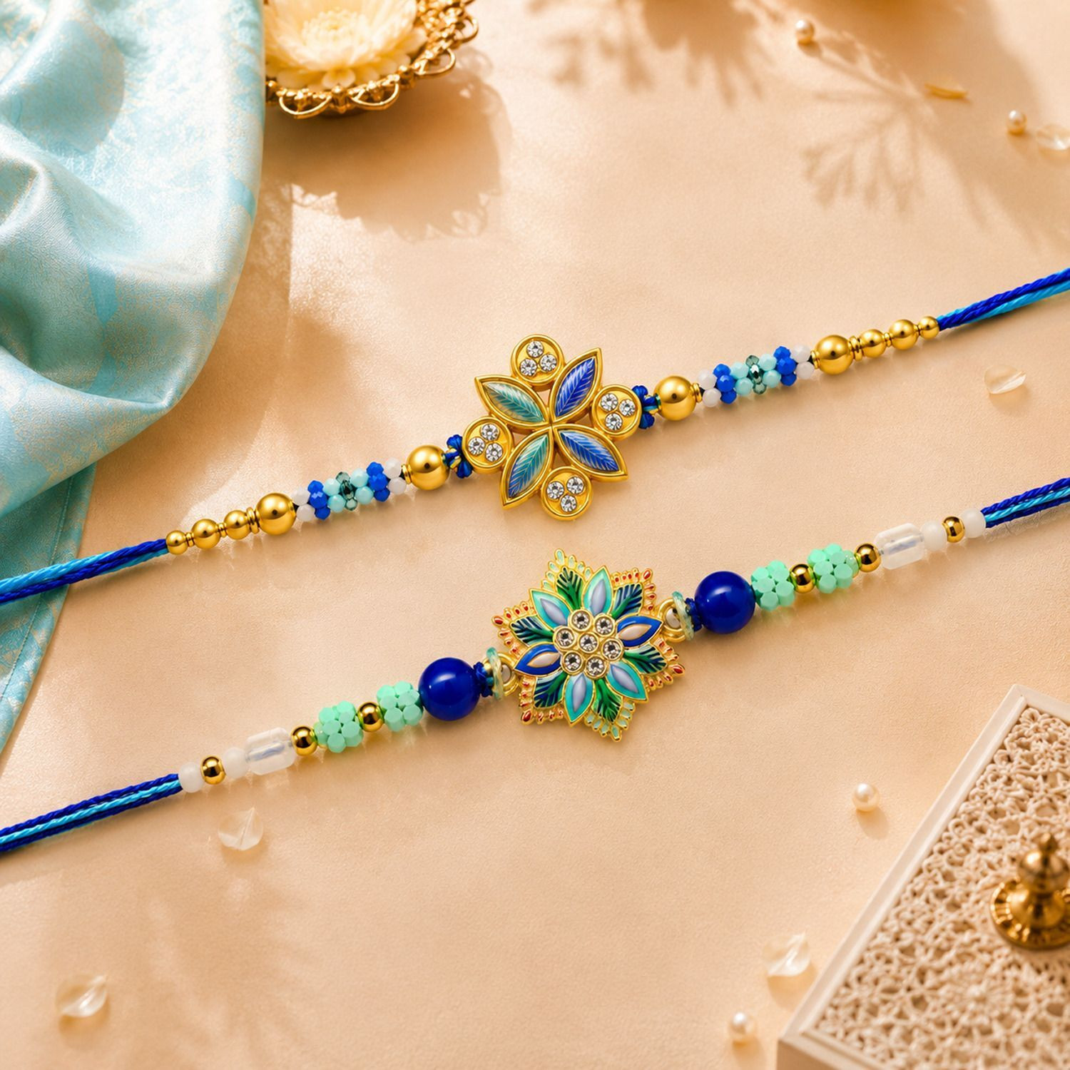 Image of Rhtdm Thread Stylish Flowers Designer Pearl, Silver Rakhi (2 Rakhi)