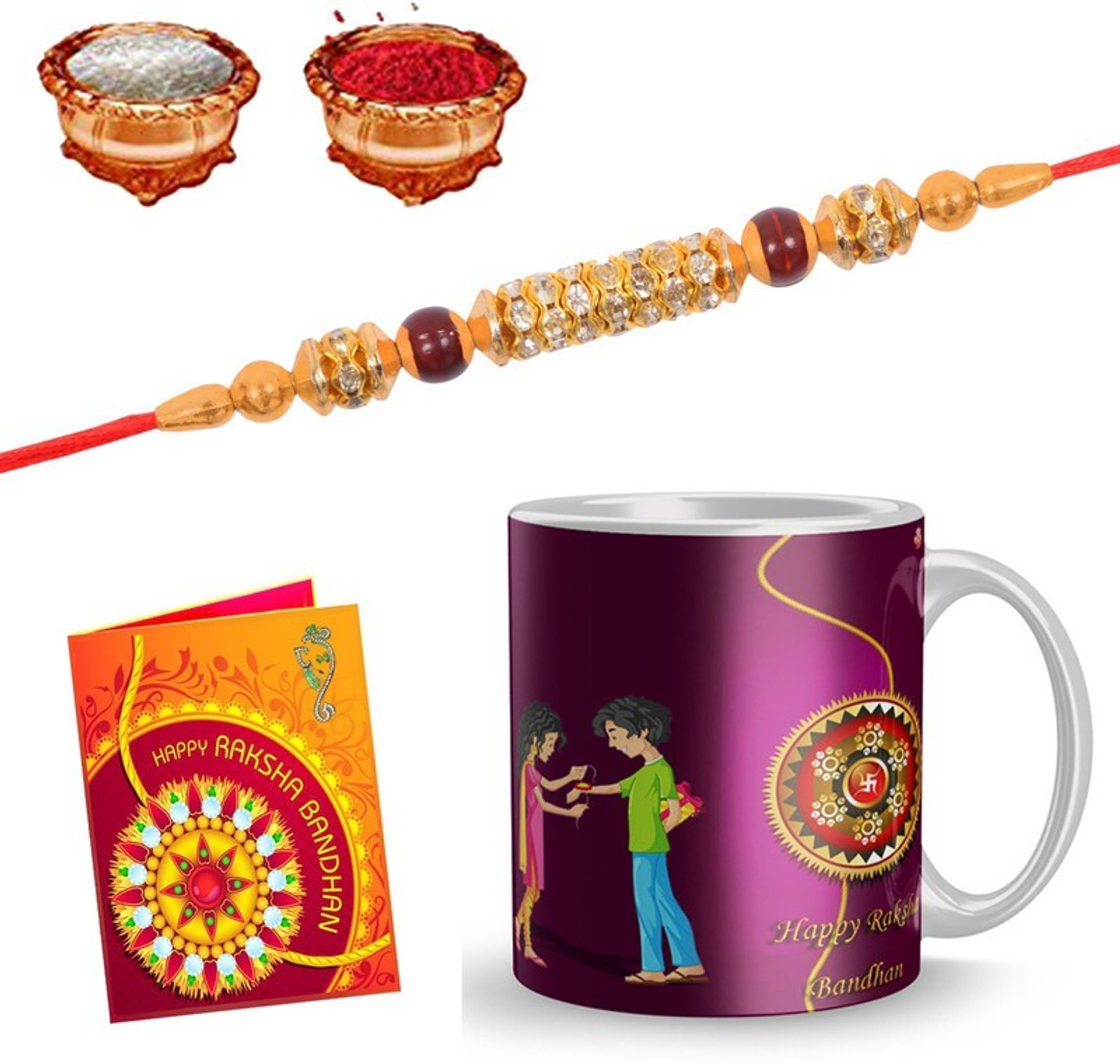 Image of TR Designer Rakhi (1 Rakhi, 1 Roli Chawal Set, 1 Greeting Card, 1 Mug)
