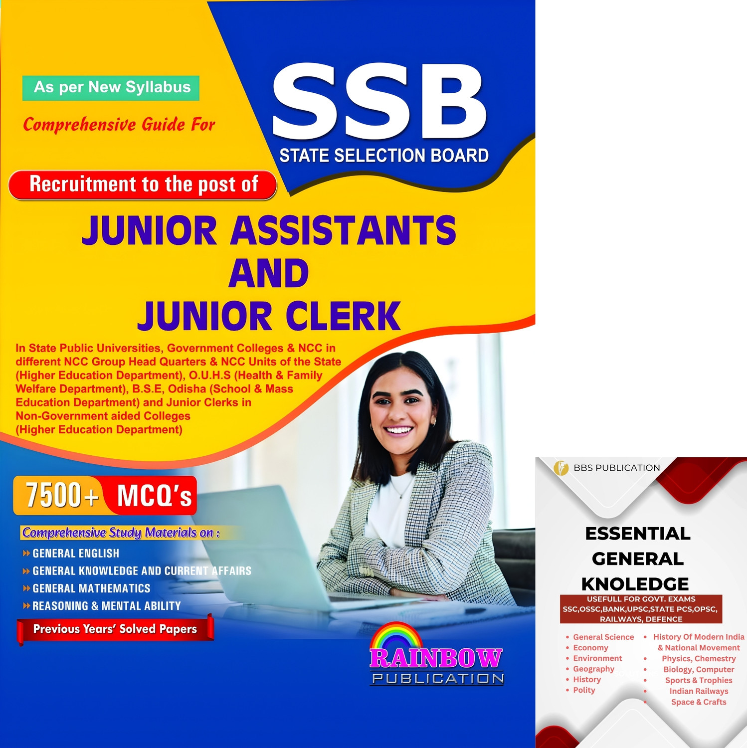 Image of SSB State Selection Board Junior Assistant & Junior Clerk Recruitment Examination Guide (7500+ MCQs, Previous Years' Solved Papers, General English, GK, Mathematics, Reasoning & Mental Ability) By Rainbow Publication With Essential General Knowledge Book (General Science, History, Polity, Geography, Economy, Environment, Computer & More For Competitive Exams) By BBS Publication (Paperback, Rainbow Group Of Writers, BBS Writers)