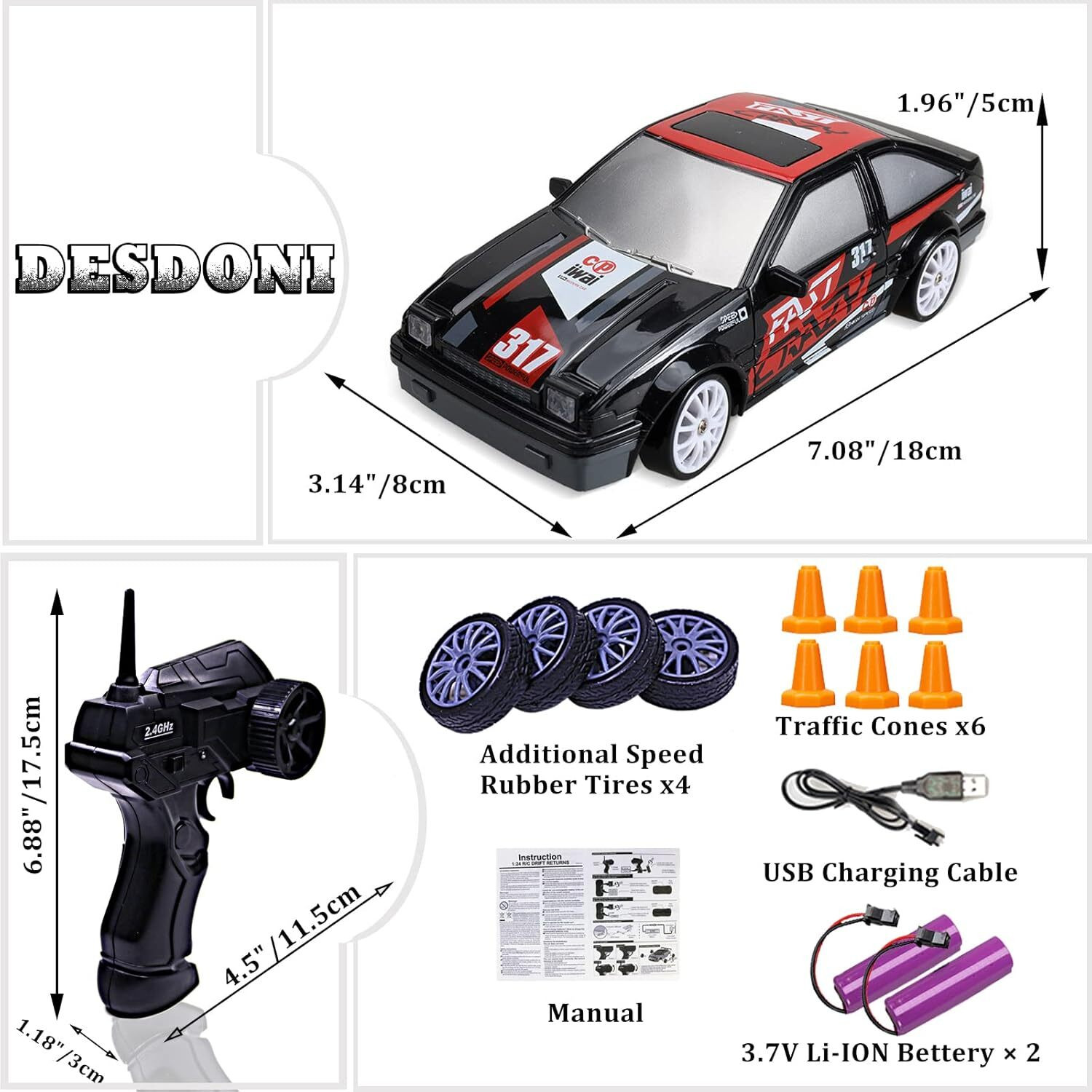 Image of Flytek Rechargeable rc car drift remote control car drift rc car with light (Red-Black)