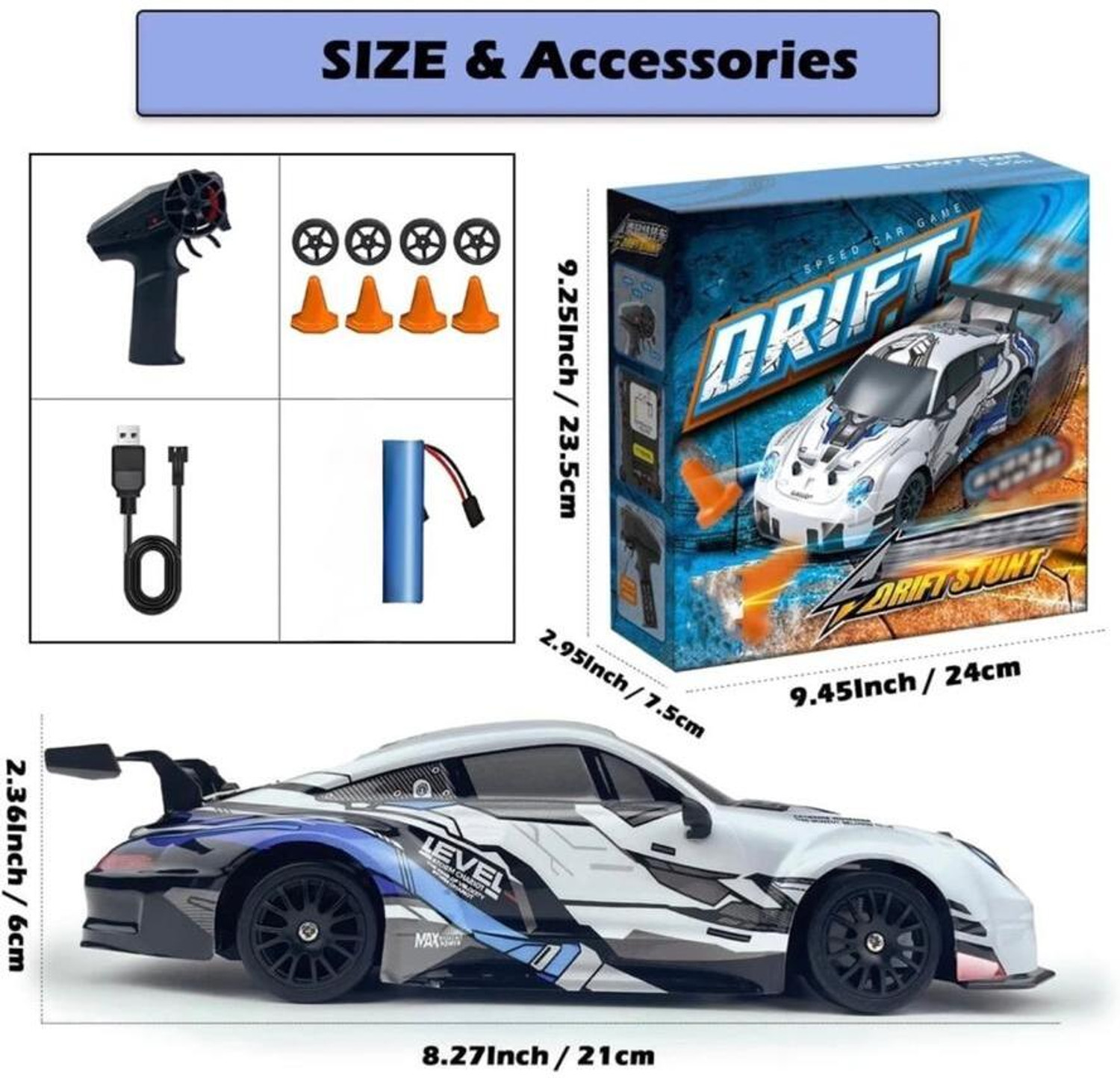 Image of J K INTERNATIONAL RC Drift 1:24 Scale 4WD 2.4GHz Remote Control Racing Car with LED Lights (White)