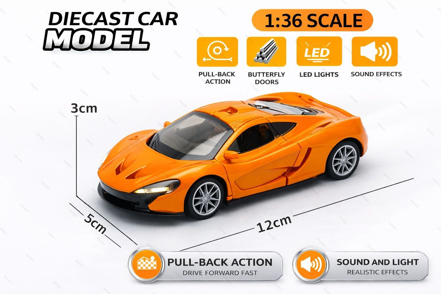 Image of SQUIDSY McLaren 720s Toy Car Metal 1:36 Scale Diecast Pullback with Light & Music (Orange)
