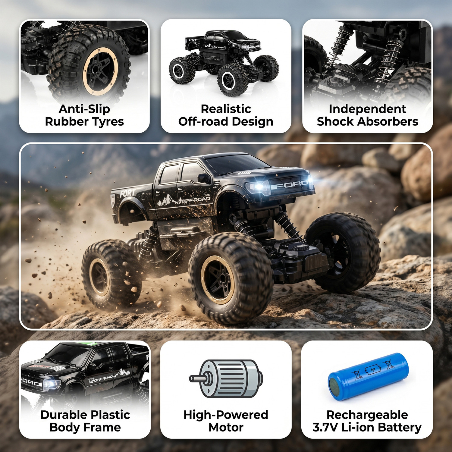 Image of SMART BOY Rock Crawler 4x4 RC Car with Spray Smoke Effect & App Control (Black)
