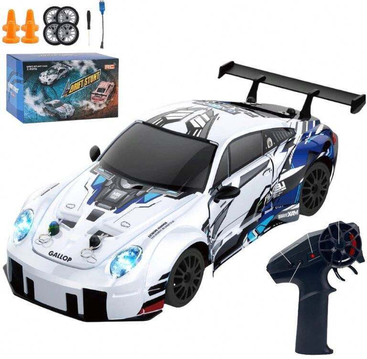 Image of J K INTERNATIONAL RC Drift 1:24 Scale 4WD 2.4GHz Remote Control Racing Car with LED Lights (White)