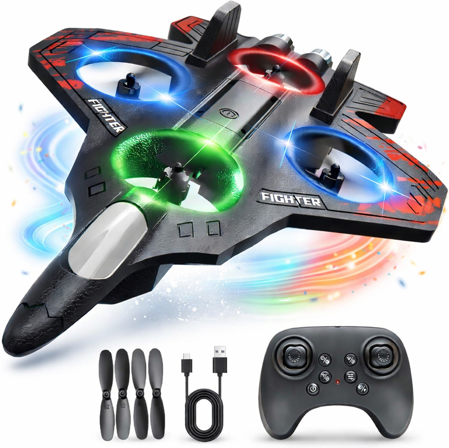 Image of PAPASpace Remote Control Airplane Fighter Jet with LED Light 360 Stunt Toy for Kids (Multicolor)