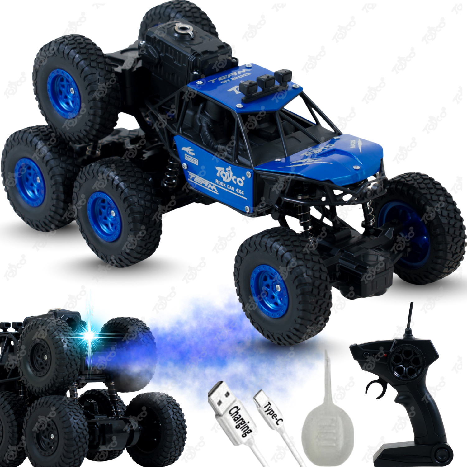 Image of Toyco 8 TYRES Big Rock Crawler Rechargeable Offroad Monster RC Car with Smoke Function (Blue)