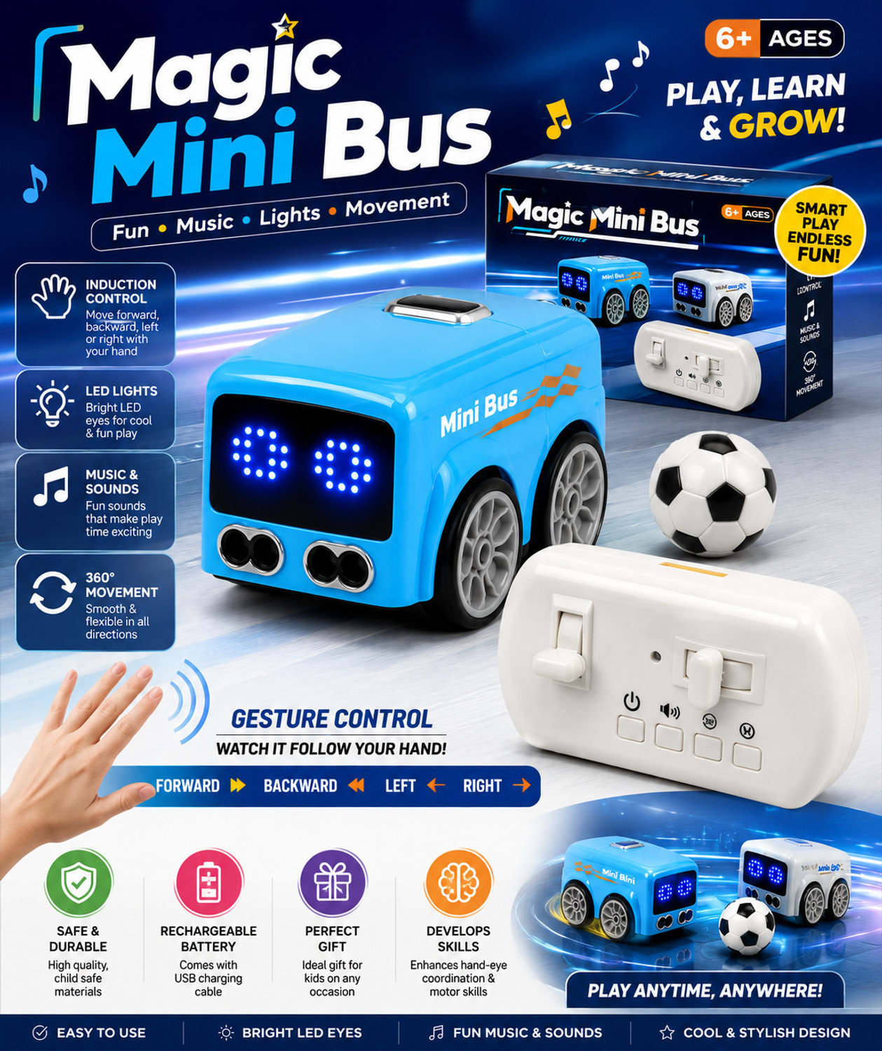 Image of Wonderbox Magic Sensor Bus RC Toy | Obstacle Avoid | LED | Boys Girls (Multicolor)