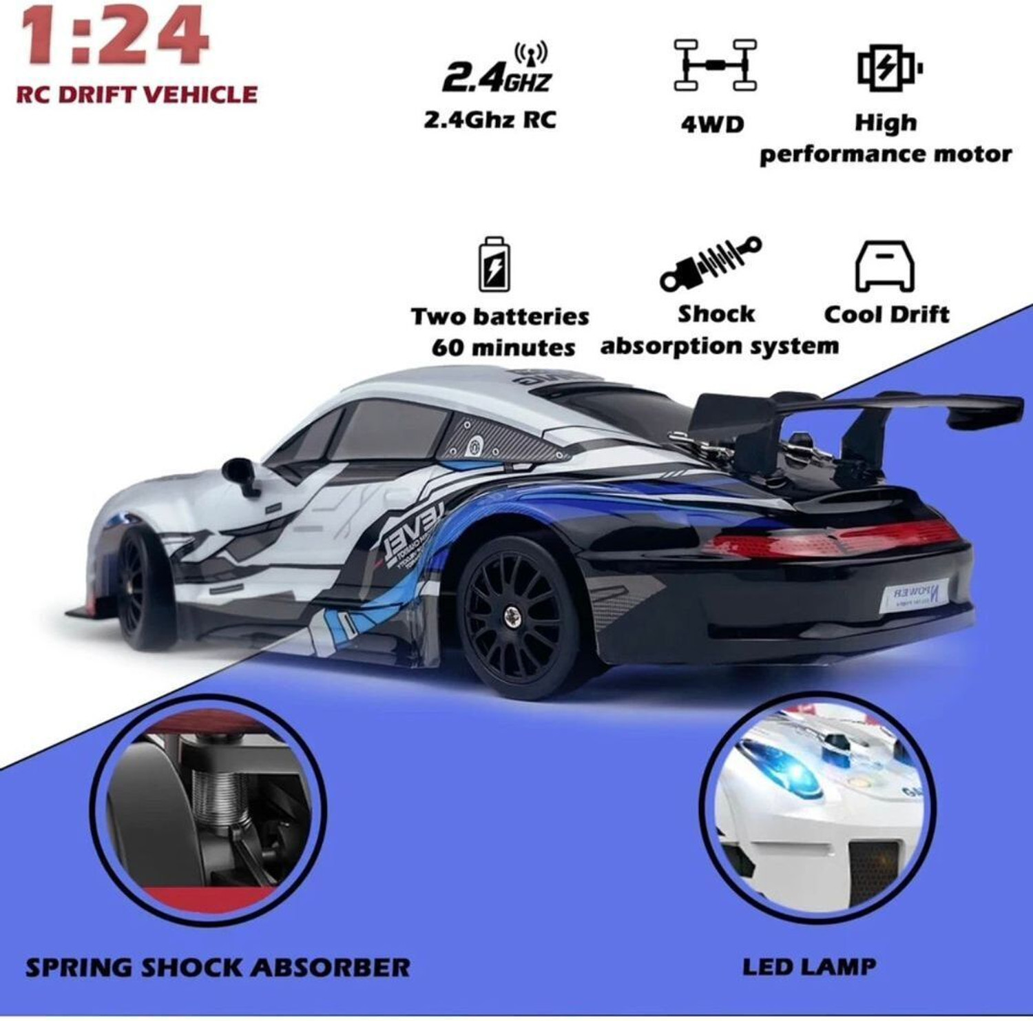 Image of J K INTERNATIONAL RC Drift 1:24 Scale 4WD 2.4GHz Remote Control Racing Car with LED Lights (White)