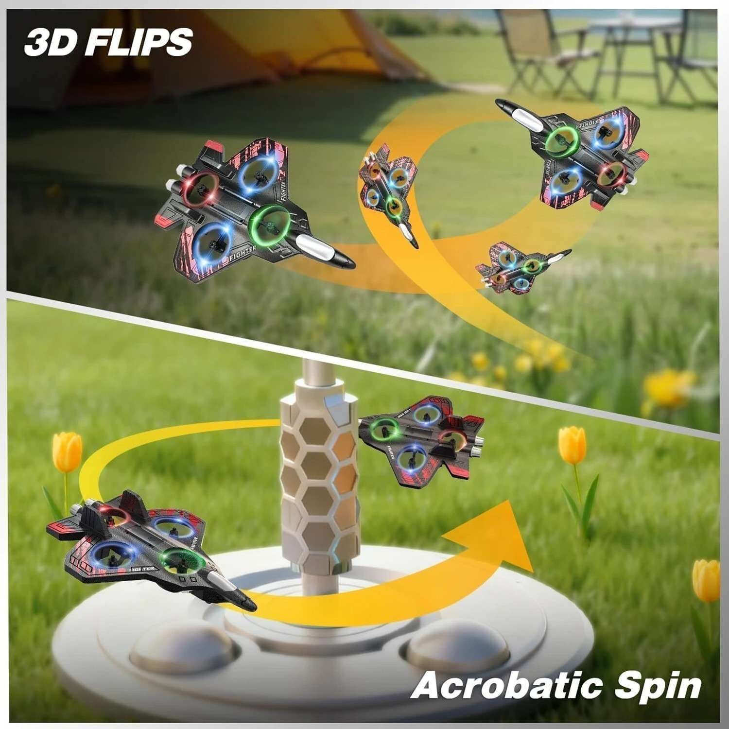 Image of PAPASpace Remote Control Airplane Fighter Jet with LED Light 360 Stunt Toy for Kids (Multicolor)